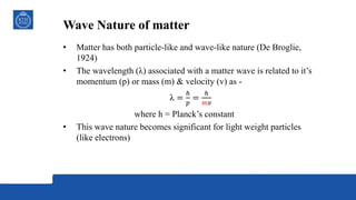 Wave Nature of matter
• Matter has both particle-like and wave-like nature (De Broglie,
1924)
• The wavelength (λ) associated with a matter wave is related to it’s
momentum (p) or mass (m) & velocity (v) as -
λ =
ℎ
𝑝
=
ℎ
𝑚𝑣
where h = Planck’s constant
• This wave nature becomes significant for light weight particles
(like electrons)
 