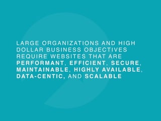 L A R G E O R G A N I Z AT I O N S A N D H I G H
D O L L A R B U S I N E S S O B J E C T I V E S
R E Q U I R E W E B S I T E S T H AT A R E
P E R F O R M A N T , E F F I C I E N T , S E C U R E ,
M A I N TA I N A B L E , H I G H LY AVA I L A B L E ,
D ATA - C E N T I C , A N D S C A L A B L E
 