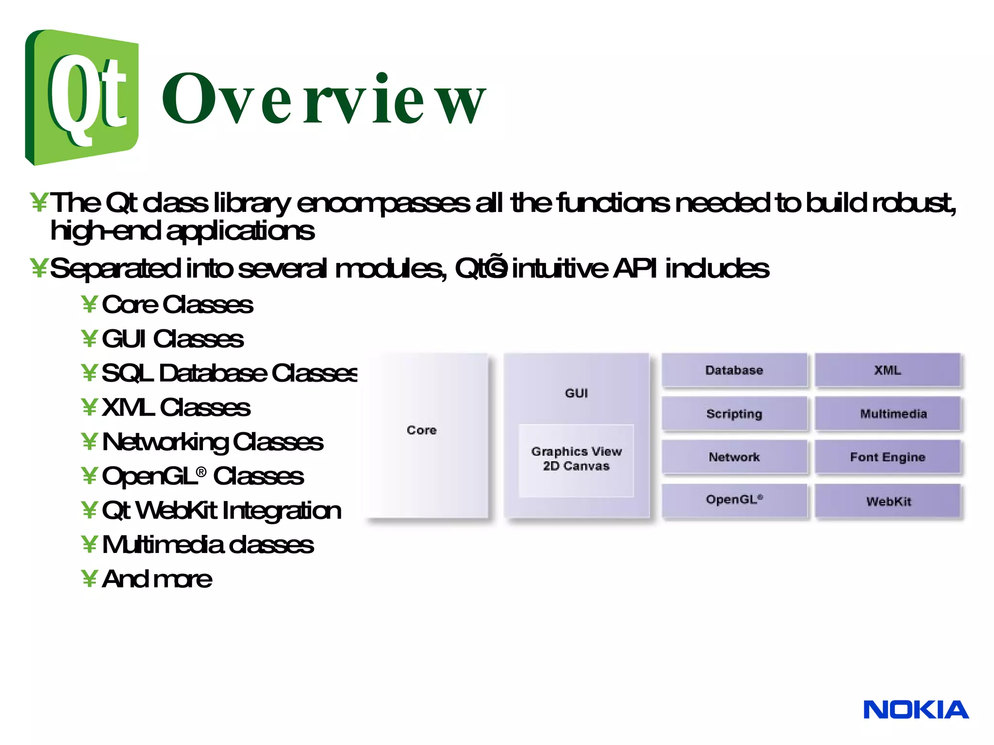 Overview The Qt class library encompasses all the functions needed to build robust, high-end applications Separated into several modules, Qt’s intuitive API includes Core Classes GUI Classes SQL Database Classes XML Classes Networking Classes OpenGL ® Classes Qt WebKit Integration Multimedia classes And more 