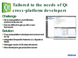 Tailored to the needs of Qt  cross-platform developers Challenge Qt is cross-platform, but IDEs/dev. environments are not Can be difficult to get up with a new framework Solution True cross-platform development environment for Qt Integrated Qt-specific features (i.e. Signals & Slots) Debugger aware of Qt class structures New developers get productive sooner Visualizing Qt class structures in Debug mode. 