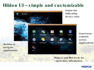 Hildon UI – simple and customizable Taskbar to navigate applications Status bar indicating device state Widgets and RSS feeds for up-to-date information Consistent controls across applications 