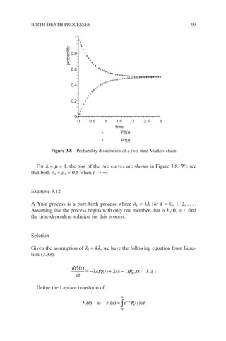 For l = m = 1, the plot of the two curves are shown in Figure 3.8. We see
that both p0 = p1 = 0.5 when t → ∞:
Example 3.12
A Yule process is a pure-birth process where lk = kl for k = 0, 1, 2, . . . .
Assuming that the process begins with only one member, that is P1(0) = 1, find
the time-dependent solution for this process.
Solution
Given the assumption of lk = kl, we have the following equation from Equa-
tion (3.33):
dP t
dt
kP t k P t k
k
k k
( )
( ) ( ) ( )
= − + − ≥
−
λ λ 1 1
1
Define the Laplace transform of
P t F s e P t dt
k k
st
k
( ) ( ) ( )
as =
∞
−
∫
0
1
probability
0.8
0.6
0.4
0.2
0
0 0.5 1 1.5 2 2.5 3
time
P0(t)
P1(t)
Figure 3.8 Probability distribution of a two-state Markov chain
BIRTH-DEATH PROCESSES 99
 