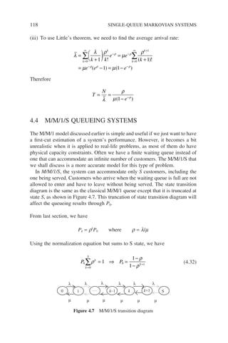 118 SINGLE-QUEUE MARKOVIAN SYSTEMS
(iii) To use Little’s theorem, we need to find the average arrival rate:
λ
λ ρ
µ
ρ
µ µ
ρ ρ
ρ ρ
=
+

 ) =
+
= − = −
=
∞
− −
=
∞ +
−
∑ ∑
k
k
k
k
k k
e e
k
e e e
0 0
1
1 1
1 1
! ( )!
( ) ( −
−ρ
)
Therefore
T
N
e
= =
− −
λ
ρ
µ ρ
( )
1
4.4 M/M/1/S QUEUEING SYSTEMS
The M/M/1 model discussed earlier is simple and useful if we just want to have
a first-cut estimation of a system’s performance. However, it becomes a bit
unrealistic when it is applied to real-life problems, as most of them do have
physical capacity constraints. Often we have a finite waiting queue instead of
one that can accommodate an infinite number of customers. The M/M/1/S that
we shall discuss is a more accurate model for this type of problem.
In M/M/1/S, the system can accommodate only S customers, including the
one being served. Customers who arrive when the waiting queue is full are not
allowed to enter and have to leave without being served. The state transition
diagram is the same as the classical M/M/1 queue except that it is truncated at
state S, as shown in Figure 4.7. This truncation of state transition diagram will
affect the queueing results through P0.
From last section, we have
Pk = rk
P0 where r = l/m
Using the normalization equation but sums to S state, we have
P P
k
S
k
S
0
0
0 1
1
1
1
=
+
∑ = ⇒ =
−
−
ρ
ρ
ρ
(4.32)
0 1 k–1 k k+1 S
λ
µ
λ λ λ
λ λ
µ µ
µ µ µ
Figure 4.7 M/M/1/S transition diagram
 
