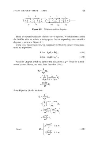 There are several variations of multi-server systems. We shall first examine
the M/M/m with an infinite waiting queue. Its corresponding state transition
diagram is shown in Figure 4.11.
Using local balance concept, we can readily write down the governing equa-
tions by inspection:
k m k P P
k k
≤ = −
µ λ 1 (4.44)
k m m P P
k k
≥ = −
µ λ 1 (4.45)
Recall in Chapter 2 that we defined the utilization as r = l/mm for a multi-
server system. Hence, we have from Equation (4.44):
P
k
P
k k
P
m
k
P
k k
k
k
=
=






−






=
−
−
λ
µ
λ
µ
λ
µ
ρ
1
2
0
1
( )
( )
!
From Equation (4.45), we have
P
m
P
m
P
m
m
m
m
P
k k
k m k m
m
k m
k m
m
=
=










=





−
− −
−
−
λ
µ
λ
µ
ρ ρ
1
0
1
,
( )
!


=
m
m
P
m k
ρ
!
0
Hence P
P
m
k
k m
P
m
m
k m
k
k
m k
=
≤
≥







0
0
( )
!
!
ρ
ρ
(4.46)
0 1 2 .... m
... k
λ λ
µ 2µ
λ λ
λ
mµ mµ
mµ
Figure 4.11 M/M/m transition diagram
MULTI-SERVER SYSTEMS – M/M/m 125
 