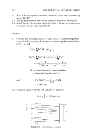 154 SEMI-MARKOVIAN QUEUEING SYSTEMS
(i) What is the average time required to transmit a packet until it is correctly
received by B?
(ii) At what packet arrival rate will the transmission channel be saturated?
(iii) At half the arrival rate found in part (ii), what is the average waiting time
of a packet before it gets transmitted?
Solution
(i) From the data exchange sequence (Figure 5.5), it is clear that the probabil-
ity that it will take exactly k attempts to transmit a packet successfully is
pk−1
(1 − p), and
E n kp p
p
E n k p p p
k
k
k
k
k
[ ] ( )
[ ] ( ) ( )
= − =
−
= − = −
=
∞
−
=
∞
−
=
∞
∑
∑ ∑
1
1
2
1
2 1
1
1
1
1
1 1 k
k p
p
p p
p
p
k
2 1
3 2 2
1
2
1
1
1
1
1
−
= −
−
−
−





 =
+
−
( )
( ) ( ) ( )
T transmission time round trip delay
L = +
= + =
( / ) . .
4096 64000 0 01 0 074s
s
and T E n TL
= ⋅ =
−
×
=
[ ]
.
.
.
1
1 0 01
0 074
0 07475s
(ii) Saturation occurs when the link utilization = 1, that is
λ µ
= = =
1
13 38
T
. packet/s
data ( p)
data (1–p)
data ( p)
Nack
Nack
Ack
TL
T
Figure 5.5 Data exchange sequence
 