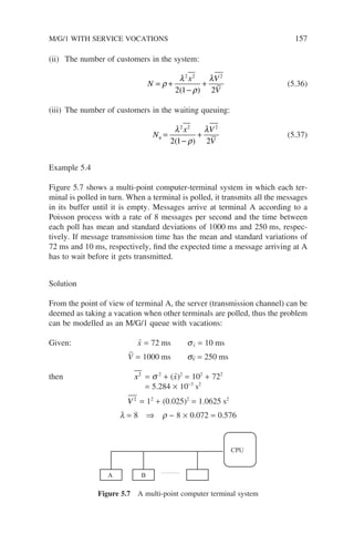 (ii) The number of customers in the system:
N
x V
V
= +
−
+
ρ
λ
ρ
λ
2 2 2
2 1 2
( )
(5.36)
(iii) The number of customers in the waiting queuing:
N
x V
V
q =
−
+
λ
ρ
λ
2 2 2
2 1 2
( )
(5.37)
Example 5.4
Figure 5.7 shows a multi-point computer-terminal system in which each ter-
minal is polled in turn. When a terminal is polled, it transmits all the messages
in its buffer until it is empty. Messages arrive at terminal A according to a
Poisson process with a rate of 8 messages per second and the time between
each poll has mean and standard deviations of 1000 ms and 250 ms, respec-
tively. If message transmission time has the mean and standard variations of
72 ms and 10 ms, respectively, find the expected time a message arriving at A
has to wait before it gets transmitted.
Solution
From the point of view of terminal A, the server (transmission channel) can be
deemed as taking a vacation when other terminals are polled, thus the problem
can be modelled as an M/G/1 queue with vacations:
Given: x̄ = 72 ms sx̄ = 10 ms
V̄ = 1000 ms sV̄ = 250 ms
then x2
= s 2
+ (x̄)2
= 102
+ 722
= 5.284 × 10−3
s2
V2
= 12
+ (0.025)2
= 1.0625 s2
l = 8 ⇒ r − 8 × 0.072 = 0.576
A B
CPU
Figure 5.7 A multi-point computer terminal system
M/G/1 WITH SERVICE VOCATIONS 157
 