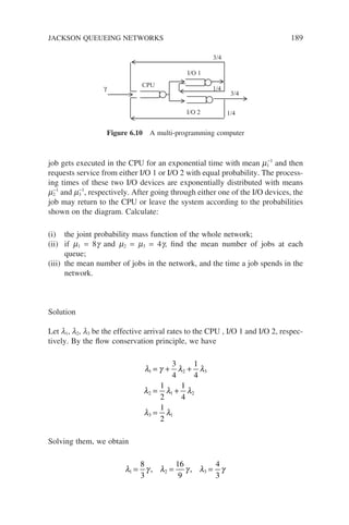 job gets executed in the CPU for an exponential time with mean m1
−1
and then
requests service from either I/O 1 or I/O 2 with equal probability. The process-
ing times of these two I/O devices are exponentially distributed with means
m2
−1
and m3
−1
, respectively. After going through either one of the I/O devices, the
job may return to the CPU or leave the system according to the probabilities
shown on the diagram. Calculate:
(i) the joint probability mass function of the whole network;
(ii) if m1 = 8g and m2 = m3 = 4g, find the mean number of jobs at each
queue;
(iii) the mean number of jobs in the network, and the time a job spends in the
network.
Solution
Let l1, l2, l3 be the effective arrival rates to the CPU , I/O 1 and I/O 2, respec-
tively. By the flow conservation principle, we have
λ γ λ λ
λ λ λ
λ λ
1 2 3
2 1 2
3 1
3
4
1
4
1
2
1
4
1
2
= + +
= +
=
Solving them, we obtain
λ γ λ γ λ γ
1 2 3
8
3
16
9
4
3
= = =
, ,
I/O 2
I/O 1
CPU
γ 1/4
3/4
1/4
3/4
Figure 6.10 A multi-programming computer
JACKSON QUEUEING NETWORKS 189
 