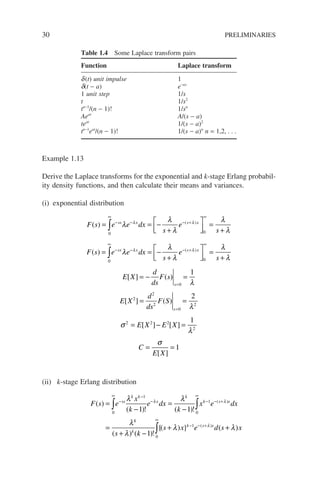 30 PRELIMINARIES
Example 1.13
Derive the Laplace transforms for the exponential and k-stage Erlang probabil-
ity density functions, and then calculate their means and variances.
(i) exponential distribution
F s e e dx
s
e
s
ss x s x
( ) ( )
= = −
+






=
+
∞
− − − +
∞
∫
0 0
λ
λ
λ
λ
λ
λ λ
F s e e dx
s
e
s
E X
d
ds
F s
sx x s x
( )
[ ] (
( )
= = −
+






=
+
= −
∞
− − − +
∞
∫
0 0
λ
λ
λ
λ
λ
λ λ
)
)
[ ] ( )
[ ] [ ]
[ ]
s
s
E X
d
ds
F S
E X E X
C
E X
=
=
=
= =
= − =
= =
0
2
2
2
0
2
2 2 2
2
1
2
1
1
λ
λ
σ
λ
σ
(ii) k-stage Erlang distribution
F s e
x
k
e dx
k
x e dx
ss
k k
x
k
k s x
( )
( )! ( )!
( )
=
−
=
−
=
∞
−
−
−
∞
− − +
∫ ∫
0
1
0
1
1 1
λ λ
λ
λ λ
k
k
k
k s x
s k
s x e d s x
( ) ( )!
{( ) } ( )
( )
+ −
+ +
∞
− − +
∫
λ
λ λ
λ
1 0
1
Table 1.4 Some Laplace transform pairs
Function Laplace transform
d(t) unit impulse 1
d(t − a) e−as
1 unit step 1/s
t 1/s2
tn−1
/(n − 1)! 1/sn
Aeat
A/(s − a)
teat
1/(s − a)2
tn−1
eat
/(n − 1)! 1/(s − a)n
n = 1,2, . . .
 