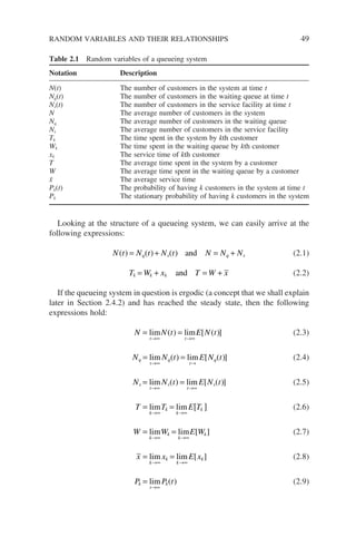 Looking at the structure of a queueing system, we can easily arrive at the
following expressions:
N t N t N t N N N
q s q s
( ) ( ) ( )
= + = +
and (2.1)
T W x T W x
k k k
= + = +
and (2.2)
If the queueing system in question is ergodic (a concept that we shall explain
later in Section 2.4.2) and has reached the steady state, then the following
expressions hold:
N N t E N t
t t
= =
→∞ →∞
lim lim
( ) [ ( )] (2.3)
N N t E N t
q
t
q
t
q
= =
→∞ →
lim lim
( ) [ ( )] (2.4)
N N t E N t
s
t
s
t
s
= =
→∞ →∞
lim lim
( ) [ ( )] (2.5)
T T E T
k
k
k
k
= = [ ]
→∞ →∞
lim lim (2.6)
W W E W
k
k
k
k
= =
→∞ →∞
lim lim [ ] (2.7)
x x E x
k
k
k
k
= =
→∞ →∞
lim lim [ ] (2.8)
P P t
k
t
k
=
→∞
lim ( ) (2.9)
Table 2.1 Random variables of a queueing system
Notation Description
N(t) The number of customers in the system at time t
Nq(t) The number of customers in the waiting queue at time t
Ns(t) The number of customers in the service facility at time t
N The average number of customers in the system
Nq The average number of customers in the waiting queue
Ns The average number of customers in the service facility
Tk The time spent in the system by kth customer
Wk The time spent in the waiting queue by kth customer
xk The service time of kth customer
T The average time spent in the system by a customer
W The average time spent in the waiting queue by a customer
x̄ The average service time
Pk(t) The probability of having k customers in the system at time t
Pk The stationary probability of having k customers in the system
RANDOM VARIABLES AND THEIR RELATIONSHIPS 49
 