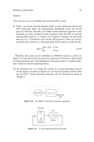 Solution
There are two ways of modelling this terminal-CPU system.
(i) Firstly, we assume that the thinking times (or job submission times) and
CPU processing times are exponentially distributed, hence the arrival
process is Poisson. Secondly, we further assume that those operators at the
terminals are either waiting for their responses from the CPU or actively
entering their requests, so if there are k requests waiting to be processed
there are (m − k) terminals active in the arrival process. Thus we can rep-
resent the jobs entered as a state-dependent Poisson process with the rate:
λ
λ
( )
( )
k
m k k m
k m
=
− 
≥
{0
(2.10)
Therefore, the system can be modelled as a M/M/1/m system, as shown in
Figure 2.4, with arrival rate l(k) given by expression (2.10) above. This model
is commonly known as a ‘finite population’ queueing model or ‘machine repair-
man’ model in classical queueing theory.
(ii) An alternate way is to model the system as a closed queueing network
of two queues, as shown in Figure 2.5; one for the terminals and the other
for the CPU. Closed queueing networks will be discussed in detail in
Chapter 7.
m terminals
Departing
jobs
Figure 2.4 An M/M1/m with finite customer population
terminals
CPU
M/M/m/m
M/M/1
Figure 2.5 A closed queueing netwook model
KENDALL NOTATION 51
 