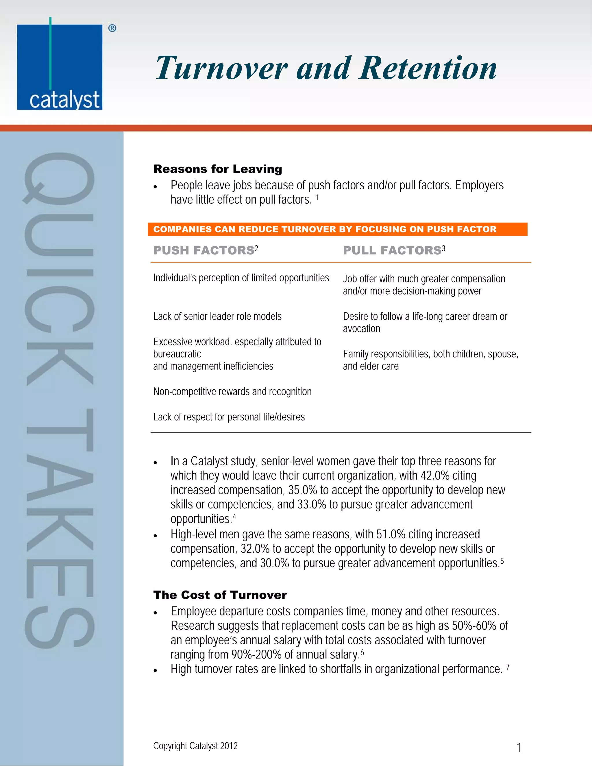 Turnover and Retention

Reasons for Leaving
   People leave jobs because of push factors and/or pull factors. Employers
    have little effect on pull factors. 1

COMPANIES CAN REDUCE TURNOVER BY FOCUSING ON PUSH FACTOR

PUSH FACTORS2                                      PULL FACTORS3

Individual’s perception of limited opportunities   Job offer with much greater compensation
                                                   and/or more decision-making power

Lack of senior leader role models                  Desire to follow a life-long career dream or
                                                   avocation
Excessive workload, especially attributed to
bureaucratic                                       Family responsibilities, both children, spouse,
and management inefficiencies                      and elder care

Non-competitive rewards and recognition

Lack of respect for personal life/desires



   In a Catalyst study, senior-level women gave their top three reasons for
    which they would leave their current organization, with 42.0% citing
    increased compensation, 35.0% to accept the opportunity to develop new
    skills or competencies, and 33.0% to pursue greater advancement
    opportunities.4
   High-level men gave the same reasons, with 51.0% citing increased
    compensation, 32.0% to accept the opportunity to develop new skills or
    competencies, and 30.0% to pursue greater advancement opportunities.5

The Cost of Turnover
   Employee departure costs companies time, money and other resources.
    Research suggests that replacement costs can be as high as 50%-60% of
    an employee’s annual salary with total costs associated with turnover
    ranging from 90%-200% of annual salary.6
   High turnover rates are linked to shortfalls in organizational performance. 7




Copyright Catalyst 2012                                                                           1
 