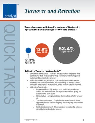 Turnover and Retention

Tenure Increases with Age: Percentage of Workers by
Age with the Same Employer for 10 Years or More 14




Collective Turnover* Antecedents15
   HR systems and practices – There are links between the adoption of “high-
     commitment,” “high involvement,” or “high-performance” HR management
     systems and lower collective turnover.
   Collective attitudes and perceptions – HR investments enhance workers’
     attitudes (satisfaction, commitment), increase feelings of equity or fairness,
     reduce the attractiveness of alternatives, and/or weaken turnover intentions.
   Collective characteristics –
          o Management/leadership quality – In six studies where collective
              turnover has been correlated with aspects of supervisor quality, no
              relationship has been found.
          o Climate/culture – A negative climate often results in a higher turnover
              rate
          o Cohesiveness/teamwork - Despite intuitive appeal, there is limited
              support for possible turnover-mitigating effects of group cohesiveness
              or teamwork.
          o Satisfaction/commitment – There is an inverse relationship between
              job satisfaction and collective turnover.




Copyright Catalyst 2012                                                                3
 