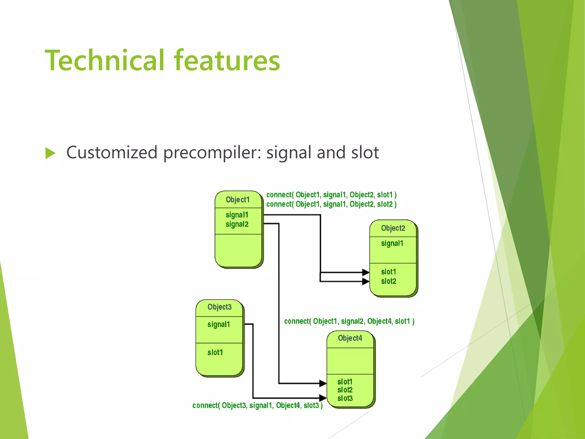Technical features  Customized precompiler: signal and slot 
