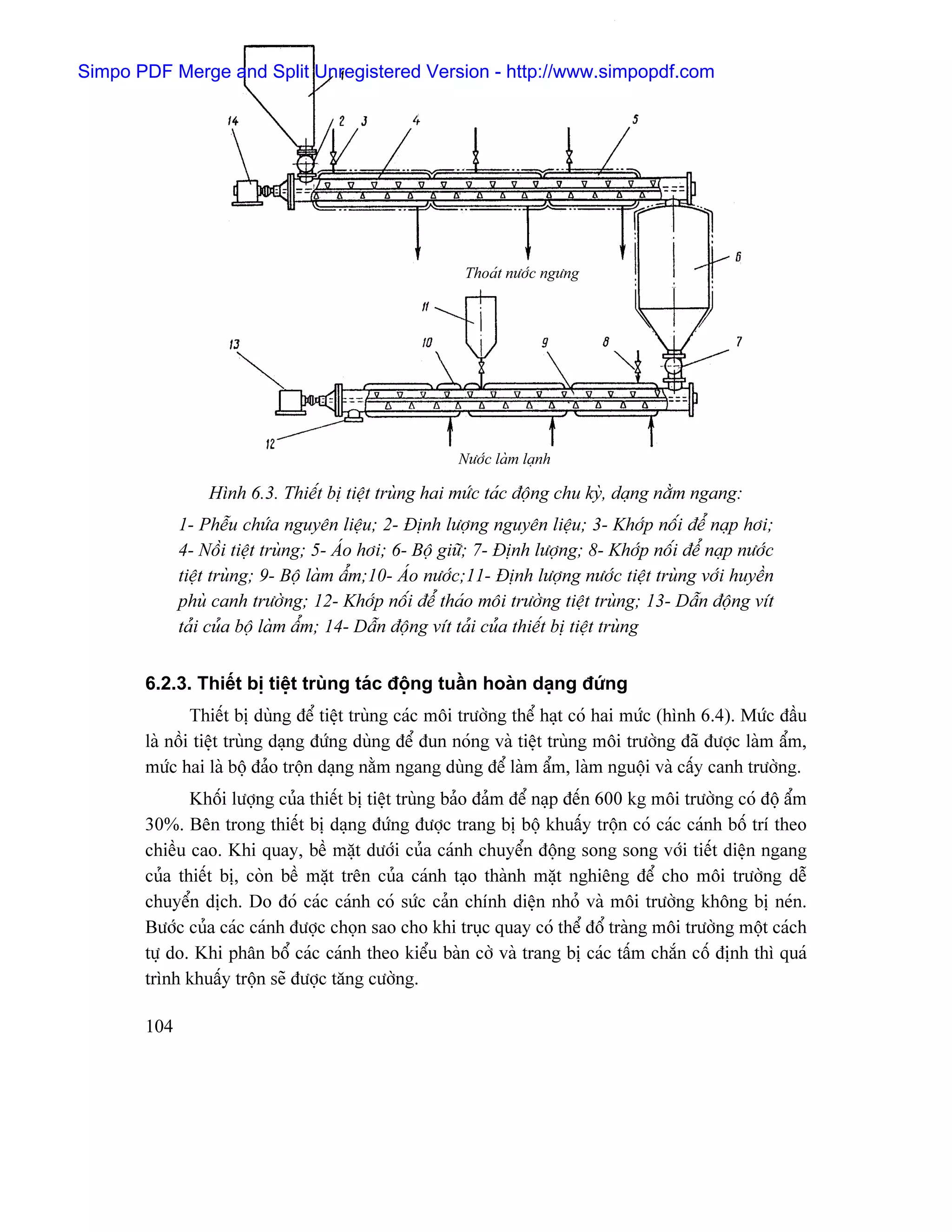 Simpo PDF Merge and Split Unregistered Version - http://www.simpopdf.com




                                                        Thoaït næåïc ngæng




                                                       Næåïc laìm laûnh

                 Hçnh 6.3. Thiãút bë tiãût truìng hai mæïc taïc âäüng chu kyì, daûng nàòm ngang:
             1- Phãùu chæïa nguyãn liãûu; 2- Âënh læåüng nguyãn liãûu; 3- Khåïp näúi âãø naûp håi;
             4- Näöi tiãût truìng; 5- AÏo håi; 6- Bäü giæî; 7- Âënh læåüng; 8- Khåïp näúi âãø naûp næåïc
             tiãût truìng; 9- Bäü laìm áøm;10- AÏo næåïc;11- Âënh læåüng næåïc tiãût truìng våïi huyãön
             phuì canh træåìng; 12- Khåïp näúi âãø thaïo mäi træåìng tiãût truìng; 13- Dáùn âäüng vêt
             taíi cuía bäü laìm áøm; 14- Dáùn âäüng vêt taíi cuía thiãút bë tiãût truìng


       6.2.3. Thiãút bë tiãût truìng taïc âäüng tuáön hoaìn daûng âæïng
               Thiãút bë duìng âãø tiãût truìng caïc mäi træåìng thãø haût coï hai mæïc (hçnh 6.4). Mæïc âáöu
       laì näöi tiãût truìng daûng âæïng duìng âãø âun noïng vaì tiãût truìng mäi træåìng âaî âæåüc laìm áøm,
       mæïc hai laì bäü âaío träün daûng nàòm ngang duìng âãø laìm áøm, laìm nguäüi vaì cáúy canh træåìng.
              Khäúi læåüng cuía thiãút bë tiãût truìng baío âaím âãø naûp âãún 600 kg mäi træåìng coï âäü áøm
       30%. Bãn trong thiãút bë daûng âæïng âæåüc trang bë bäü khuáúy träün coï caïc caïnh bäú trê theo
       chiãöu cao. Khi quay, bãö màût dæåïi cuía caïnh chuyãøn âäüng song song våïi tiãút diãûn ngang
       cuía thiãút bë, coìn bãö màût trãn cuía caïnh taûo thaình màût nghiãng âãø cho mäi træåìng dãù
       chuyãøn dëch. Do âoï caïc caïnh coï sæïc caín chênh diãûn nhoí vaì mäi træåìng khäng bë neïn.
       Bæåïc cuía caïc caïnh âæåüc choün sao cho khi truûc quay coï thãø âäø traìng mäi træåìng mäüt caïch
       tæû do. Khi phán bäø caïc caïnh theo kiãøu baìn cåì vaì trang bë caïc táúm chàõn cäú âënh thç quaï
       trçnh khuáúy träün seî âæåüc tàng cæåìng.

       104
 