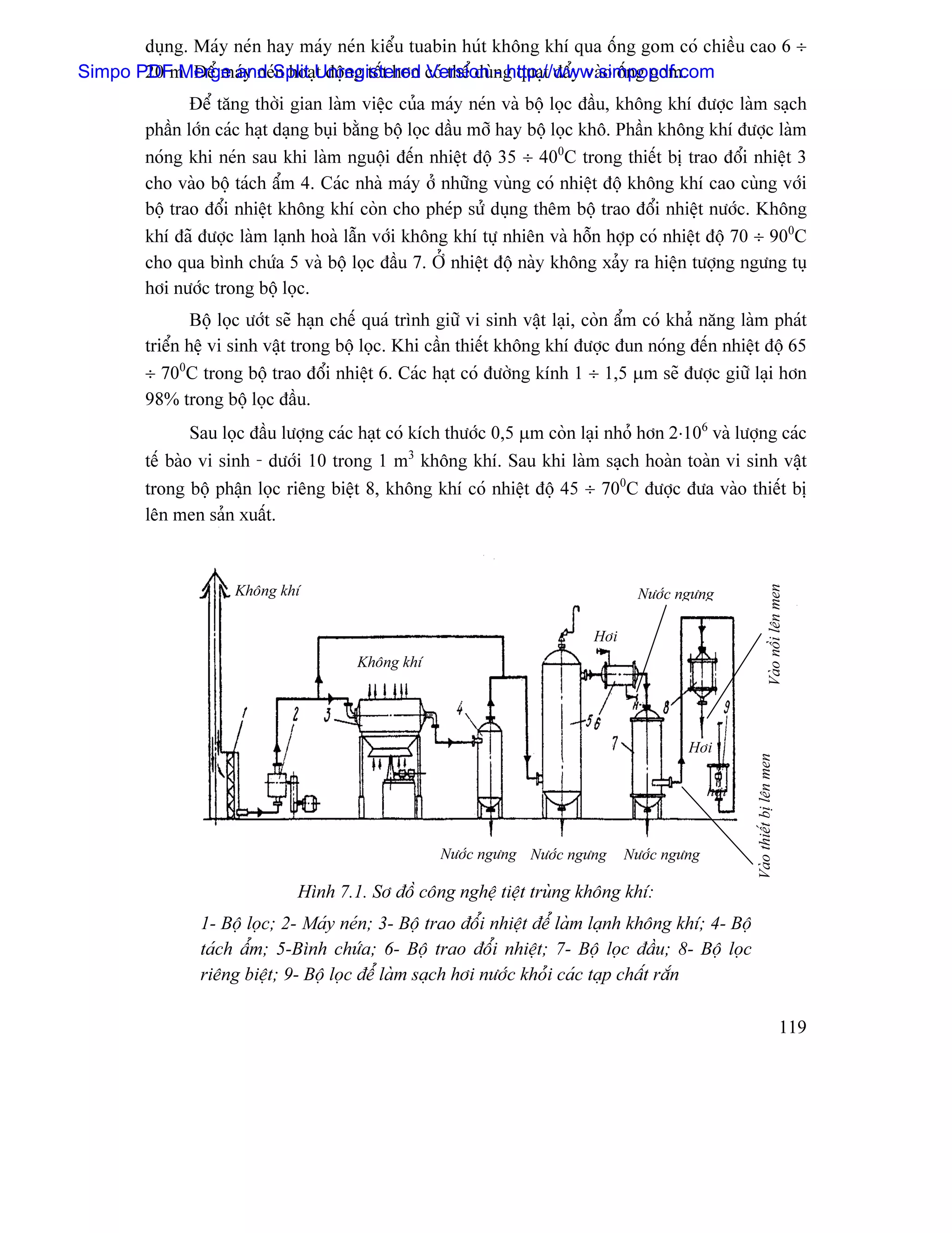 duûng. Maïy neïn hay maïy neïn kiãøu tuabin huït khäng khê qua äúng gom coï chiãöu cao 6 ÷
Simpo PDF Merge and Split Unregistered coï thãø duìng quaût âáøy vaìo äúng gom.
       20 m. Âãø maïy neïn hoaût âäüng täút hån Version - http://www.simpopdf.com
               Âãø tàng thåìi gian laìm viãûc cuía maïy neïn vaì bäü loüc âáöu, khäng khê âæåüc laìm saûch
        pháön låïn caïc haût daûng buûi bàòng bäü loüc dáöu måî hay bäü loüc khä. Pháön khäng khê âæåüc laìm
        noïng khi neïn sau khi laìm nguäüi âãún nhiãût âäü 35 ÷ 400C trong thiãút bë trao âäøi nhiãût 3
        cho vaìo bäü taïch áøm 4. Caïc nhaì maïy åí nhæîng vuìng coï nhiãût âäü khäng khê cao cuìng våïi
        bäü trao âäøi nhiãût khäng khê coìn cho pheïp sæí duûng thãm bäü trao âäøi nhiãût næåïc. Khäng
        khê âaî âæåüc laìm laûnh hoaì láùn våïi khäng khê tæû nhiãn vaì häùn håüp coï nhiãût âäü 70 ÷ 900C
        cho qua bçnh chæïa 5 vaì bäü loüc âáöu 7. ÅÍ nhiãût âäü naìy khäng xaíy ra hiãûn tæåüng ngæng tuû
        håi næåïc trong bäü loüc.
                Bäü loüc æåït seî haûn chãú quaï trçnh giæî vi sinh váût laûi, coìn áøm coï khaí nàng laìm phaït
        triãøn hãû vi sinh váût trong bäü loüc. Khi cáön thiãút khäng khê âæåüc âun noïng âãún nhiãût âäü 65
        ÷ 700C trong bäü trao âäøi nhiãût 6. Caïc haût coï âæåìng kênh 1 ÷ 1,5 µm seî âæåüc giæî laûi hån
        98% trong bäü loüc âáöu.
                Sau loüc âáöu læåüng caïc haût coï kêch thæåïc 0,5 µm coìn laûi nhoí hån 2⋅106 vaì læåüng caïc
        tãú baìo vi sinh - dæåïi 10 trong 1 m3 khäng khê. Sau khi laìm saûch hoaìn toaìn vi sinh váût
        trong bäü pháûn loüc riãng biãût 8, khäng khê coï nhiãût âäü 45 ÷ 700C âæåüc âæa vaìo thiãút bë
        lãn men saín xuáút.




                                                                                                                      Vaìo näöi lãn men
                      Khäng khê                                                       Næåïc ngæng

                                                                              Håi
                                         Khäng khê




                                                                                             Håi
                                                                                                        Vaìo thiãút bë lãn men
                                                                                                  håi



                                                      Næåïc ngæng Næåïc ngæng       Næåïc ngæng

                               Hçnh 7.1. Så âäö cäng nghãû tiãût truìng khäng khê:
                1- Bäü loüc; 2- Maïy neïn; 3- Bäü trao âäøi nhiãût âãø laìm laûnh khäng khê; 4- Bäü
                taïch áøm; 5-Bçnh chæïa; 6- Bäü trao âäøi nhiãût; 7- Bäü loüc âáöu; 8- Bäü loüc
                riãng biãût; 9- Bäü loüc âãø laìm saûch håi næåïc khoíi caïc taûp cháút ràõn

                                                                                                                                 119
 