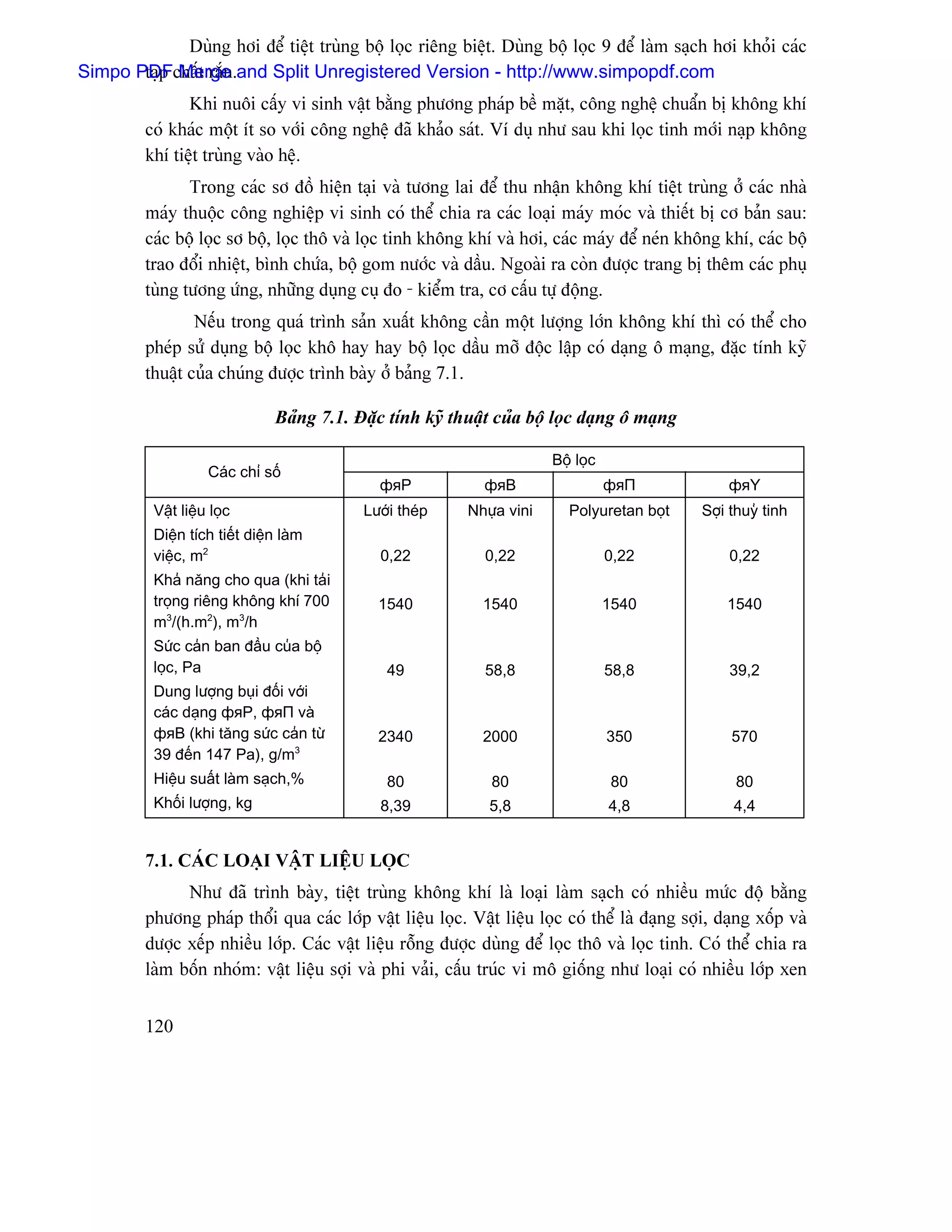 Duìng håi âãø tiãût truìng bäü loüc riãng biãût. Duìng bäü loüc 9 âãø laìm saûch håi khoíi caïc
Simpo PDFcháút ràõn.and Split Unregistered Version - http://www.simpopdf.com
       taûp Merge
                Khi nuäi cáúy vi sinh váût bàòng phæång phaïp bãö màût, cäng nghãû chuáøn bë khäng khê
         coï khaïc mäüt êt so våïi cäng nghãû âaî khaío saït. Vê duû nhæ sau khi loüc tinh måïi naûp khäng
         khê tiãût truìng vaìo hãû.
                Trong caïc så âäö hiãûn taûi vaì tæång lai âãø thu nháûn khäng khê tiãût truìng åí caïc nhaì
         maïy thuäüc cäng nghiãûp vi sinh coï thãø chia ra caïc loaûi maïy moïc vaì thiãút bë cå baín sau:
         caïc bäü loüc så bäü, loüc thä vaì loüc tinh khäng khê vaì håi, caïc maïy âãø neïn khäng khê, caïc bäü
         trao âäøi nhiãût, bçnh chæïa, bäü gom næåïc vaì dáöu. Ngoaìi ra coìn âæåüc trang bë thãm caïc phuû
         tuìng tæång æïng, nhæîng duûng cuû âo - kiãøm tra, cå cáúu tæû âäüng.
                 Nãúu trong quaï trçnh saín xuáút khäng cáön mäüt læåüng låïn khäng khê thç coï thãø cho
         pheïp sæí duûng bäü loüc khä hay hay bäü loüc dáöu måî âäüc láûp coï daûng ä maûng, âàûc tênh kyî
         thuáût cuía chuïng âæåüc trçnh baìy åí baíng 7.1.

                                 Baíng 7.1. Âàûc tênh kyî thuáût cuía bäü loüc daûng ä maûng

                                                                          Bäü loüc
                     Caïc chè säú
                                                фяP            фяB                   фяП             фяY
           Váût liãûu loüc                   Læåïi theïp     Nhæûa vini      Polyuretan boüt     Såüi thuyí tinh
           Diãûn têch tiãút diãûn laìm
           viãûc, m2                            0,22           0,22                  0,22            0,22
           Khaí nàng cho qua (khi taíi
           troüng riãng khäng khê 700           1540           1540                  1540            1540
           m3/(h.m2), m3/h
           Sæïc caín ban âáöu cuía bäü
           loüc, Pa                              49            58,8                  58,8            39,2
           Dung læåüng buûi âäúi våïi
           caïc daûng фяP, фяП vaì
           фяB (khi tàng sæïc caín tæì          2340           2000                  350              570
           39 âãún 147 Pa), g/m3
           Hiãûu suáút laìm saûch,%              80             80                    80              80
           Khäúi læåüng, kg                     8,39            5,8                  4,8              4,4


         7.1. CAÏC LOAÛI VÁÛT LIÃÛU LOÜC
               Nhæ âaî trçnh baìy, tiãût truìng khäng khê laì loaûi laìm saûch coï nhiãöu mæïc âäü bàòng
         phæång phaïp thäøi qua caïc låïp váût liãûu loüc. Váût liãûu loüc coï thãø laì âaûng såüi, daûng xäúp vaì
         dæåüc xãúp nhiãöu låïp. Caïc váût liãûu räùng âæåüc duìng âãø loüc thä vaì loüc tinh. Coï thãø chia ra
         laìm bäún nhoïm: váût liãûu såüi vaì phi vaíi, cáúu truïc vi mä giäúng nhæ loaûi coï nhiãöu låïp xen


         120
 