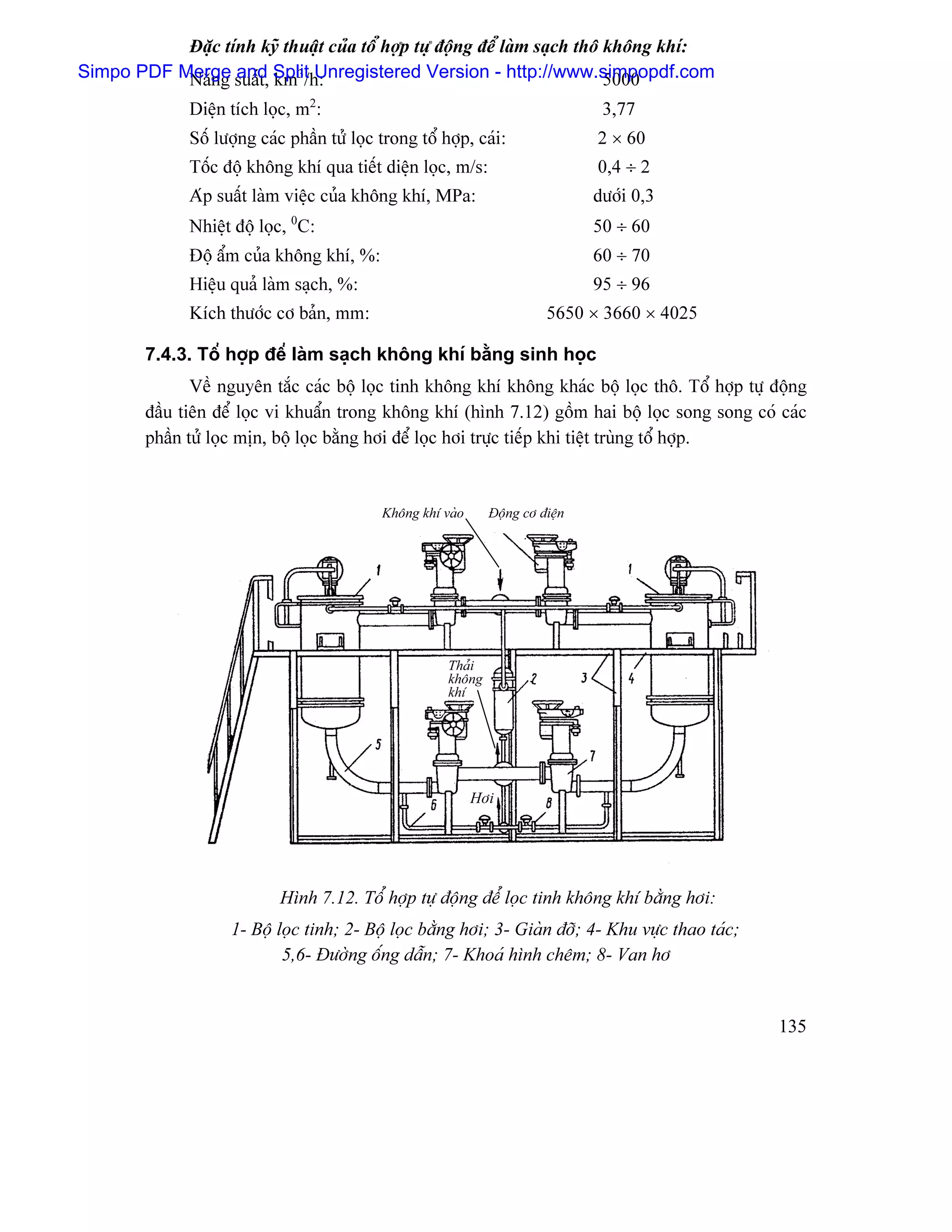 Âàûc tênh kyî thuáût cuía täø håüp tæû âäüng âãø laìm saûch thä khäng khê:
Simpo PDF Merge suáút, Split Unregistered Version - http://www.simpopdf.com
           Nàng and km3/h:                                                 5000
               Diãûn têch loüc, m2:                                                3,77
               Säú læåüng caïc pháön tæí loüc trong täø håüp, caïi:               2 × 60
               Täúc âäü khäng khê qua tiãút diãûn loüc, m/s:                      0,4 ÷ 2
               Aïp suáút laìm viãûc cuía khäng khê, MPa:                          dæåïi 0,3
               Nhiãût âäü loüc, 0C:                                               50 ÷ 60
               Âäü áøm cuía khäng khê, %:                                         60 ÷ 70
               Hiãûu quaí laìm saûch, %:                                          95 ÷ 96
               Kêch thæåïc cå baín, mm:                                    5650 × 3660 × 4025

         7.4.3. Täø håüp âãø laìm saûch khäng khê bàòng sinh hoüc
                Vãö nguyãn tàõc caïc bäü loüc tinh khäng khê khäng khaïc bäü loüc thä. Täø håüp tæû âäüng
         âáöu tiãn âãø loüc vi khuáøn trong khäng khê (hçnh 7.12) gäöm hai bäü loüc song song coï caïc
         pháön tæí loüc mën, bäü loüc bàòng håi âãø loüc håi træûc tiãúp khi tiãût truìng täø håüp.


                                              Khäng khê vaìo     Âäüng cå âiãûn




                                                         Thaíi
                                                         khäng
                                                         khê




                                                               Håi




                             Hçnh 7.12. Täø håüp tæû âäüng âãø loüc tinh khäng khê bàòng håi:
                     1- Bäü loüc tinh; 2- Bäü loüc bàòng håi; 3- Giaìn âåî; 4- Khu væûc thao taïc;
                             5,6- Âæåìng äúng dáùn; 7- Khoaï hçnh chãm; 8- Van hå


                                                                                                     135
 