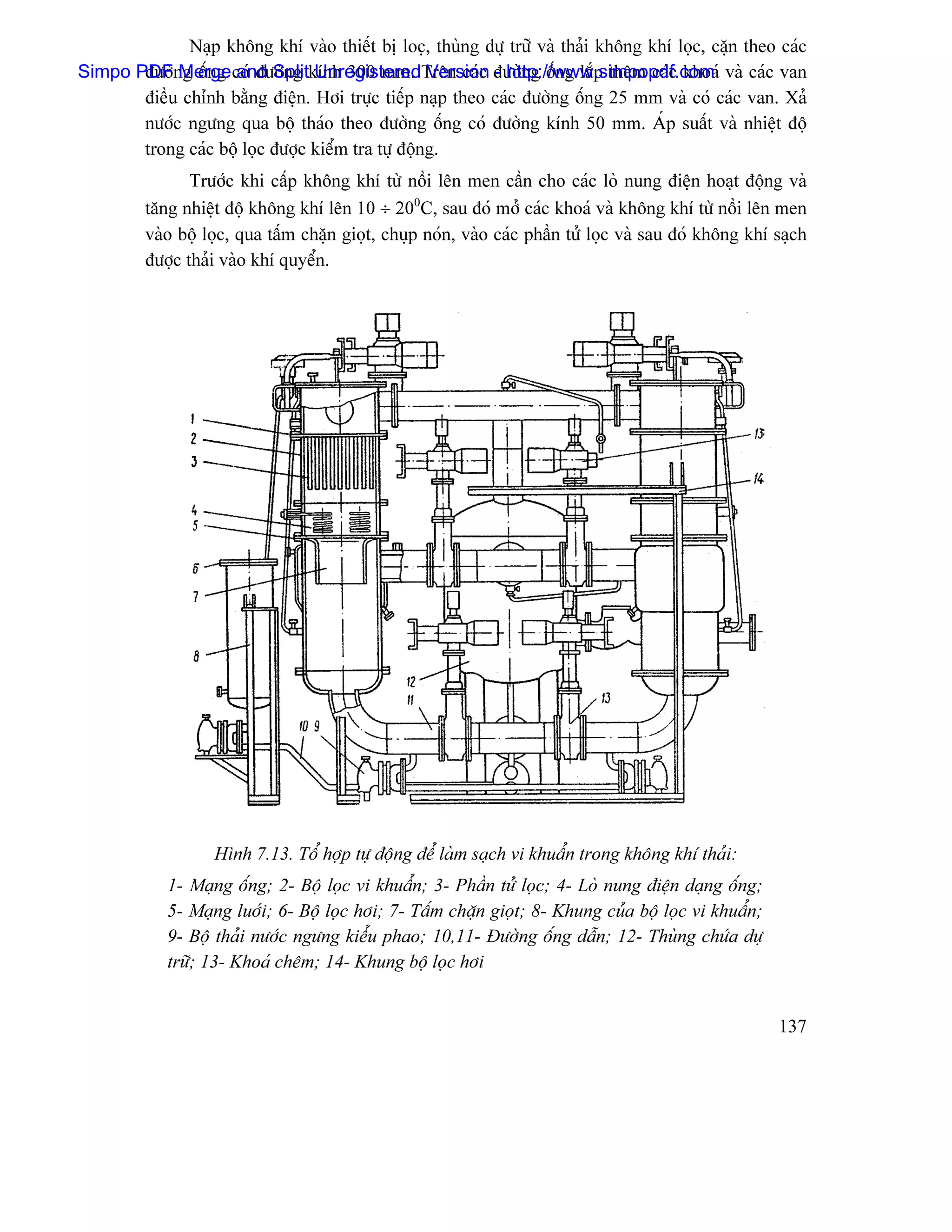 Naûp khäng khê vaìo thiãút bë locü, thuìng dæû træî vaì thaíi khäng khê loüc, càûn theo caïc
Simpo PDFng äúng coï âæåìng kênh 300 mm. Trãn caïc âæåìng äúng làõp thãm caïc khoaï vaì caïc van
       âæåì Merge and Split Unregistered Version - http://www.simpopdf.com
       âiãöu chènh bàòng âiãûn. Håi træûc tiãúp naûp theo caïc âæåìng äúng 25 mm vaì coï caïc van. Xaí
       næåïc ngæng qua bäü thaïo theo âæåìng äúng coï âæåìng kênh 50 mm. AÏp suáút vaì nhiãût âäü
       trong caïc bäü loüc âæåüc kiãøm tra tæû âäüng.
                Træåïc khi cáúp khäng khê tæì näöi lãn men cáön cho caïc loì nung âiãûn hoaût âäüng vaì
         tàng nhiãût âäü khäng khê lãn 10 ÷ 200C, sau âoï måí caïc khoaï vaì khäng khê tæì näöi lãn men
         vaìo bäü loüc, qua táúm chàûn gioüt, chuûp noïn, vaìo caïc pháön tæí loüc vaì sau âoï khäng khê saûch
         âæåüc thaíi vaìo khê quyãøn.




                   Hçnh 7.13. Täø håüp tæû âäüng âãø laìm saûch vi khuáøn trong khäng khê thaíi:
             1- Maûng äúng; 2- Bäü loüc vi khuáøn; 3- Pháön tæí loüc; 4- Loì nung âiãûn daûng äúng;
             5- Maûng luåïi; 6- Bäü loüc håi; 7- Táúm chàûn gioüt; 8- Khung cuía bäü loüc vi khuáøn;
             9- Bäü thaíi næåïc ngæng kiãøu phao; 10,11- Âæåìng äúng dáùn; 12- Thuìng chæïa dæû
             træî; 13- Khoaï chãm; 14- Khung bäü loüc håi


                                                                                                         137
 