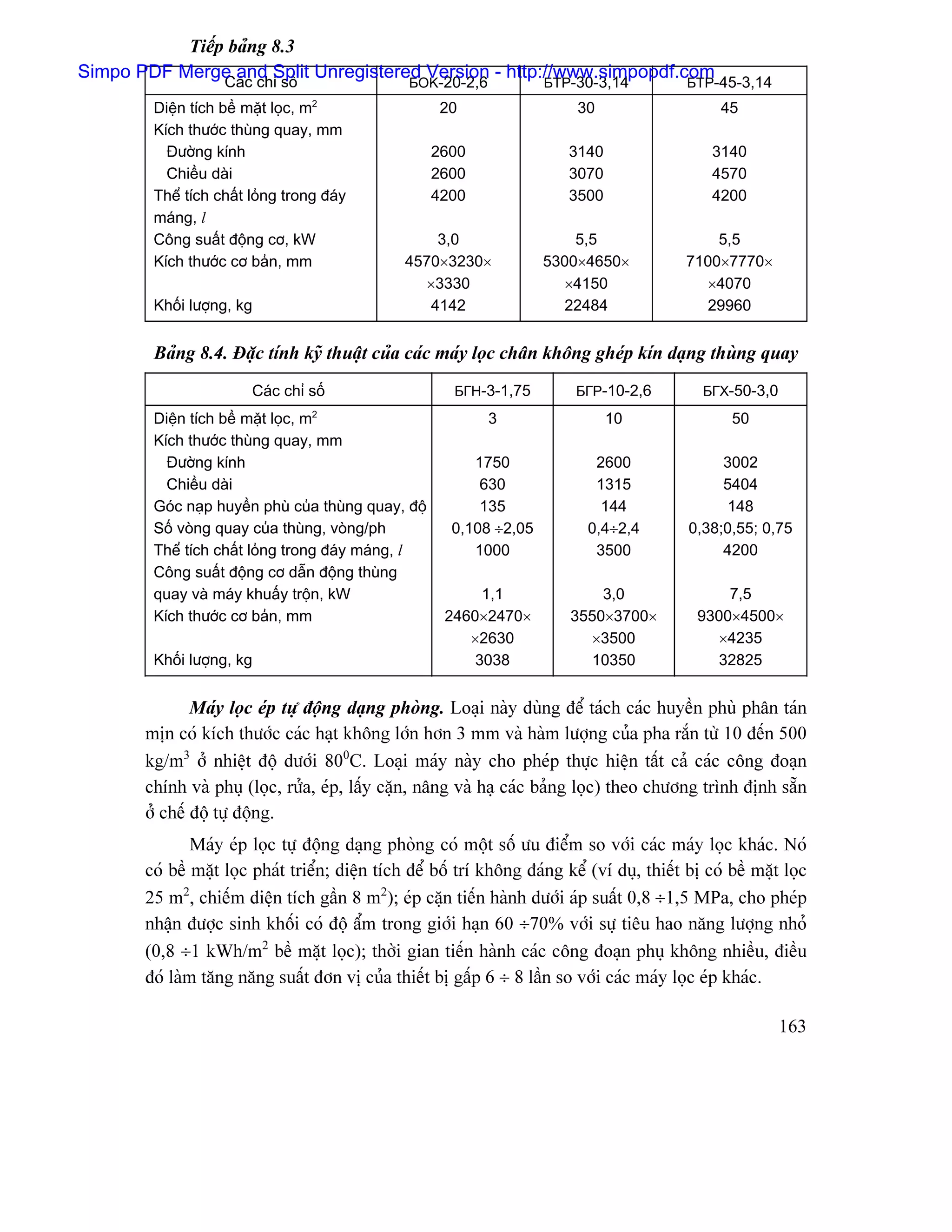 Tiãúp baíng 8.3
Simpo PDF Merge and Split Unregistered Version - http://www.simpopdf.com
                   Caïc chè säú                  БOK-20-2,6            БTP-30-3,14            БTP-45-3,14
                                  2
        Diãûn têch bãö màût loüc, m                    20                   30                      45
        Kêch thæåïc thuìng quay, mm
          Âæåìng kênh                                 2600                 3140                   3140
          Chiãöu daìi                                 2600                 3070                   4570
        Thãø têch cháút loíng trong âaïy              4200                 3500                   4200
        maïng, l
        Cäng suáút âäüng cå, kW                      3,0                   5,5                    5,5
        Kêch thæåïc cå baín, mm                  4570×3230×            5300×4650×             7100×7770×
                                                   ×3330                 ×4150                  ×4070
        Khäúi læåüng, kg                            4142                 22484                  29960


        Baíng 8.4. Âàûc tênh kyî thuáût cuía caïc maïy loüc chán khäng gheïp kên daûng thuìng quay
                        Caïc chè säú                     БГH-3-1,75         БГP-10-2,6           БГX-50-3,0
        Diãûn têch bãö màût loüc, m2                          3                   10                 50
        Kêch thæåïc thuìng quay, mm
          Âæåìng kênh                                      1750                2600                3002
          Chiãöu daìi                                       630                1315                5404
        Goïc naûp huyãön phuì cuía thuìng quay, âäü         135                 144                148
        Säú voìng quay cuía thuìng, voìng/ph            0,108 ÷2,05           0,4÷2,4         0,38;0,55; 0,75
        Thãø têch cháút loíng trong âaïy maïng, l          1000                3500                4200
        Cäng suáút âäüng cå dáùn âäüng thuìng
        quay vaì maïy khuáúy träün, kW                      1,1                3,0                  7,5
        Kêch thæåïc cå baín, mm                        2460×2470×          3550×3700×           9300×4500×
                                                          ×2630              ×3500                ×4235
        Khäúi læåüng, kg                                   3038              10350                32825


               Maïy loüc eïp tæû âäüng daûng phoìng. Loaûi naìy duìng âãø taïch caïc huyãön phuì phán taïn
       mën coï kêch thæåïc caïc haût khäng låïn hån 3 mm vaì haìm læåüng cuía pha ràõn tæì 10 âãún 500
       kg/m3 åí nhiãût âäü dæåïi 800C. Loaûi maïy naìy cho pheïp thæûc hiãûn táút caí caïc cäng âoaûn
       chênh vaì phuû (loüc, ræía, eïp, láúy càûn, náng vaì haû caïc baíng loüc) theo chæång trçnh âënh sàôn
       åí chãú âäü tæû âäüng.
               Maïy eïp loüc tæû âäüng daûng phoìng coï mäüt säú æu âiãøm so våïi caïc maïy loüc khaïc. Noï
       coï bãö màût loüc phaït triãøn; diãûn têch âãø bäú trê khäng âaïng kãø (vê duû, thiãút bë coï bãö màût loüc
       25 m2, chiãúm diãûn têch gáön 8 m2); eïp càûn tiãún haình dæåïi aïp suáút 0,8 ÷1,5 MPa, cho pheïp
       nháûn âæåüc sinh khäúi coï âäü áøm trong giåïi haûn 60 ÷70% våïi sæû tiãu hao nàng læåüng nhoí
       (0,8 ÷1 kWh/m2 bãö màût loüc); thåìi gian tiãún haình caïc cäng âoaûn phuû khäng nhiãöu, âiãöu
       âoï laìm tàng nàng suáút âån vë cuía thiãút bë gáúp 6 ÷ 8 láön so våïi caïc maïy loüc eïp khaïc.

                                                                                                              163
 