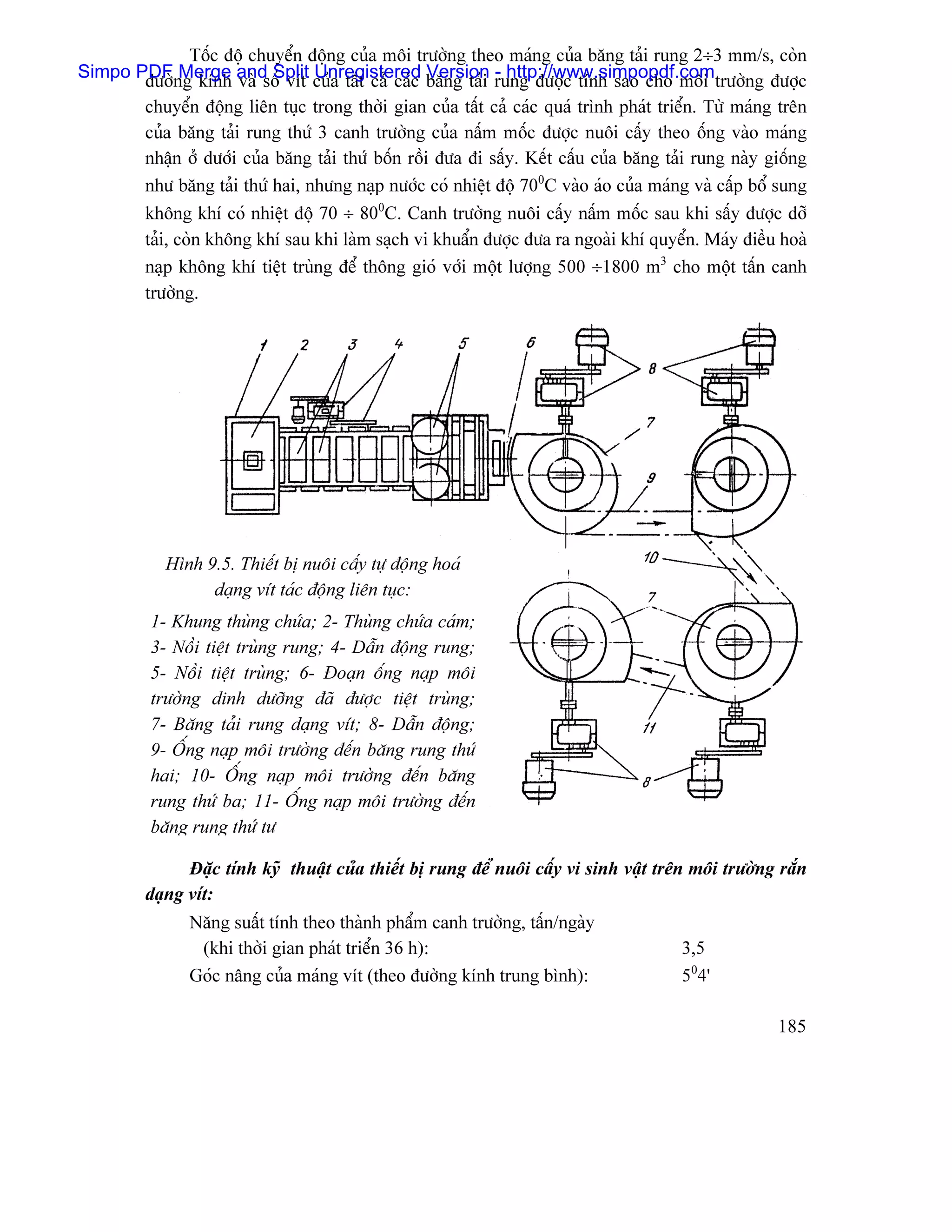Täúc âäü chuyãøn âäüng cuía mäi træåìng theo maïng cuía bàng taíi rung 2÷3 mm/s, coìn
Simpo PDFng kênh and Split cuía táút caí caïc bàng taíi rung âæåüc tênh sao cho mäi træåìng âæåüc
       âæåì   Merge vaì säú vêt Unregistered Version - http://www.simpopdf.com
       chuyãøn âäüng liãn tuûc trong thåìi gian cuía táút caí caïc quaï trçnh phaït triãøn. Tæì maïng trãn
       cuía bàng taíi rung thæï 3 canh træåìng cuía náúm mäúc âæåüc nuäi cáúy theo äúng vaìo maïng
       nháûn åí dæåïi cuía bàng taíi thæï bäún räöi âæa âi sáúy. Kãút cáúu cuía bàng taíi rung naìy giäúng
       nhæ bàng taíi thæï hai, nhæng naûp næåïc coï nhiãût âäü 700C vaìo aïo cuía maïng vaì cáúp bäø sung
       khäng khê coï nhiãût âäü 70 ÷ 800C. Canh træåìng nuäi cáúy náúm mäúc sau khi sáúy âæåüc dåî
       taíi, coìn khäng khê sau khi laìm saûch vi khuáøn âæåüc âæa ra ngoaìi khê quyãøn. Maïy âiãöu hoaì
       naûp khäng khê tiãût truìng âãø thäng gioï våïi mäüt læåüng 500 ÷1800 m3 cho mäüt táún canh
       træåìng.




            Hçnh 9.5. Thiãút bë nuäi cáúy tæû âäüng hoaï
                  daûng vêt taïc âäüng liãn tuûc:
          1- Khung thuìng chæïa; 2- Thuìng chæïa caïm;
          3- Näöi tiãût truìng rung; 4- Dáùn âäüng rung;
          5- Näöi tiãût truìng; 6- Âoaûn äúng naûp mäi
          træåìng dinh dæåîng âaî âæåüc tiãût truìng;
          7- Bàng taíi rung daûng vêt; 8- Dáùn âäüng;
          9- ÄÚng naûp mäi træåìng âãún bàng rung thæï
          hai; 10- ÄÚng naûp mäi træåìng âãún bàng
          rung thæï ba; 11- ÄÚng naûp mäi træåìng âãún
          bàng rung thæï tæ

               Âàûc tênh kyî thuáût cuía thiãút bë rung âãø nuäi cáúy vi sinh váût trãn mäi træåìng ràõn
         daûng vêt:
                Nàng suáút tênh theo thaình pháøm canh træåìng, táún/ngaìy
                 (khi thåìi gian phaït triãøn 36 h):                                   3,5
                Goïc náng cuía maïng vêt (theo âæåìng kênh trung bçnh):                504’

                                                                                                     185
 