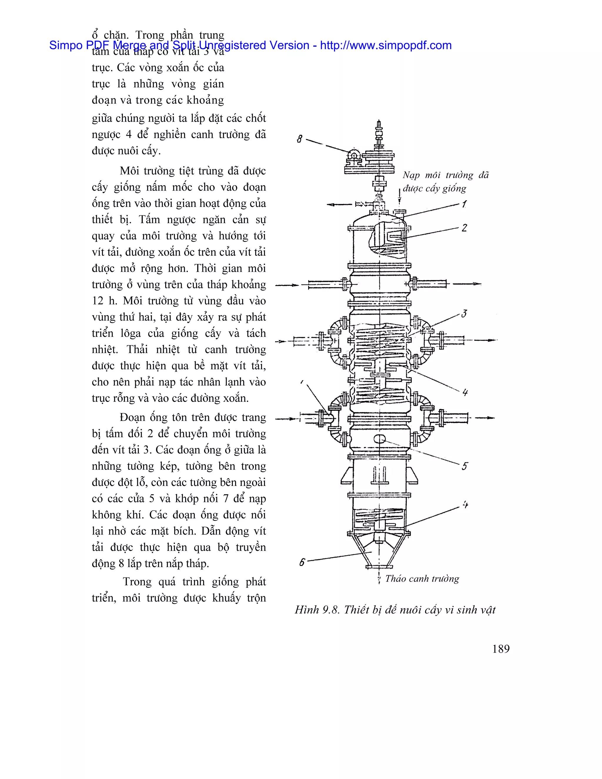 äø chàûn. Trong pháön trung
Simpo PDF Merge p coï vêt taíiUnregistered Version - http://www.simpopdf.com
       tám cuía thaï and Split 3 vaì
        truûc. Caïc voìng xoàõn äúc cuía
        truûc laì nhæîng voìng giaïn
        âoaû n vaì trong caï c khoaí n g
        giæîa chuïng ngæåìi ta làõp âàût caïc chäút
        ngæåüc 4 âãø nghiãön canh træåìng âaî
        âæåüc nuäi cáúy.
                Mäi træåìng tiãût truìng âaî âæåüc                              Naûp mäi træåìng âaî
        cáúy giäúng náúm mäúc cho vaìo âoaûn                                    âæåüc cáúy giäúng
        äúng trãn vaìo thåìi gian hoaût âäüng cuía
        thiãút bë. Táúm ngæåüc ngàn caín sæû
        quay cuía mäi træåìng vaì hæåïng tåïi
        vêt taíi, âæåìng xoàõn äúc trãn cuía vêt taíi
        âæåüc måí räüng hån. Thåìi gian mäi
        træåìng åí vuìng trãn cuía thaïp khoaíng
        12 h. Mäi træåìng tæì vuìng âáöu vaìo
        vuìng thæï hai, taûi âáy xaíy ra sæû phaït
        triãøn läga cuía giäúng cáúy vaì taïch
        nhiãût. Thaíi nhiãût tæì canh træåìng
        âæåüc thæûc hiãûn qua bãö màût vêt taíi,
        cho nãn phaíi naûp taïc nhán laûnh vaìo
        truûc räùng vaì vaìo caïc âæåìng xoàõn.
               Âoaûn äúng tän trãn âæåüc trang
        bë táúm âäúi 2 âãø chuyãøn mäi træåìng
        âãún vêt taíi 3. Caïc âoaûn äúng åí giæîa laì
        nhæîng tæåìng keïp, tæåìng bãn trong
        âæåüc âäüt läù, coìn caïc tæåìng bãn ngoaìi
        coï caïc cæía 5 vaì khåïp näúi 7 âãø naûp
        khäng khê. Caïc âoaün äúng âæåüc näúi
        laûi nhåì caïc màût bêch. Dáùn âäüng vêt
        taíi âæåüc thæûc hiãûn qua bäü truyãön
        âäüng 8 làõp trãn nàõp thaïp.
                Trong quaï trçnh giäúng phaït                               Thaïo canh træåìng

        triãøn, mäi træåìng âæåüc khuáúy träün
                                                        Hçnh 9.8. Thiãút bë âãø nuäi cáúy vi sinh váût


                                                                                                       189
 