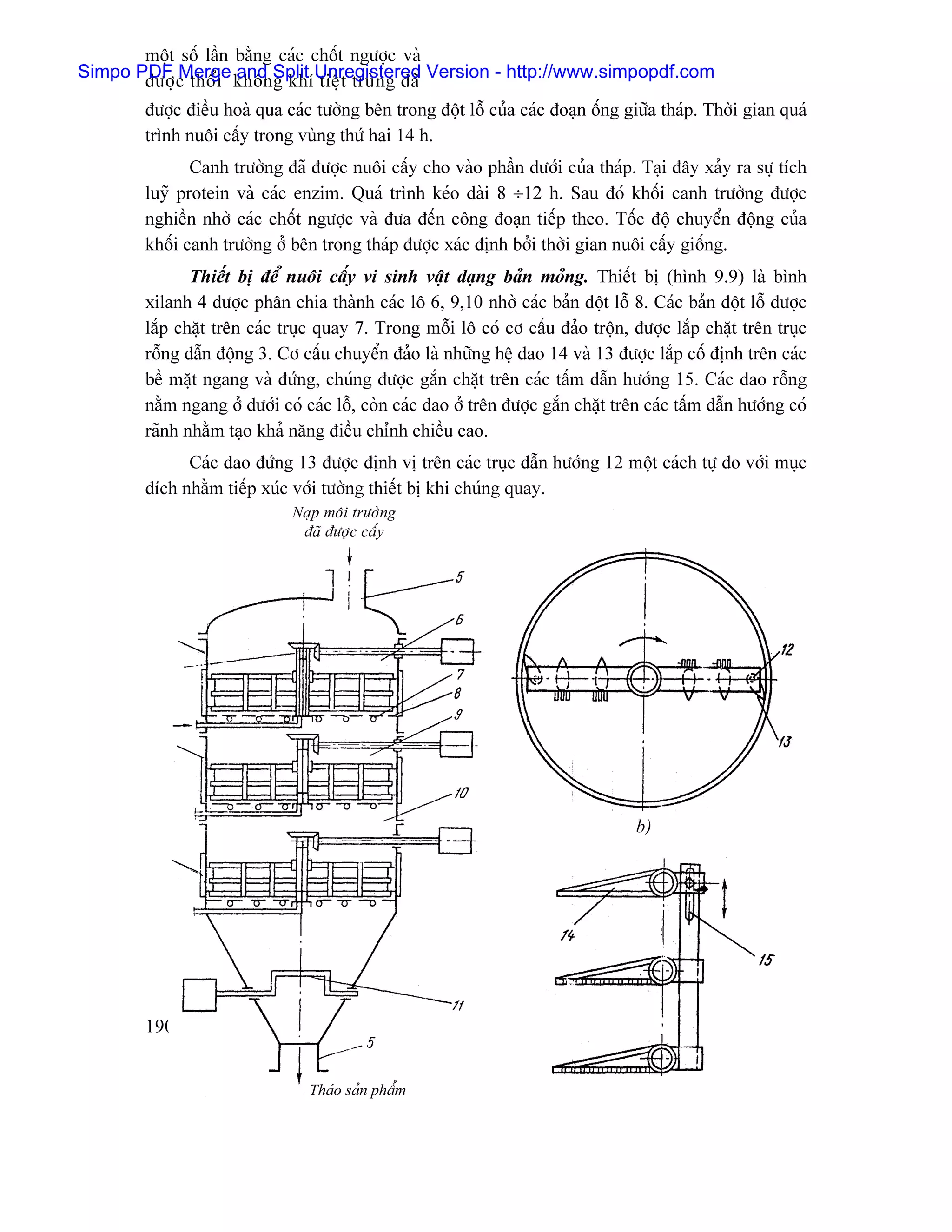 mäüt säú láön bàòng caïc chäút ngæåüc vaì
Simpo PDF c thäø i khäng khê Unregistered Version - http://www.simpopdf.com
       âæåü Merge and Split tiãû t truì n g âaî
       âæåüc âiãöu hoaì qua caïc tæåìng bãn trong âäüt läù cuía caïc âoaûn äúng giæîa thaïp. Thåìi gian quaï
       trçnh nuäi cáúy trong vuìng thæï hai 14 h.
              Canh træåìng âaî âæåüc nuäi cáúy cho vaìo pháön dæåïi cuía thaïp. Taûi âáy xaíy ra sæû têch
       luyî protein vaì caïc enzim. Quaï trçnh keïo daìi 8 ÷12 h. Sau âoï khäúi canh træåìng âæåüc
       nghiãön nhåì caïc chäút ngæåüc vaì âæa âãún cäng âoaûn tiãúp theo. Täúc âäü chuyãøn âäüng cuía
       khäúi canh træåìng åí bãn trong thaïp âæåüc xaïc âënh båíi thåìi gian nuäi cáúy giäúng.
              Thiãút bë âãø nuäi cáúy vi sinh váût daûng baín moíng. Thiãút bë (hçnh 9.9) laì bçnh
       xilanh 4 âæåüc phán chia thaình caïc lä 6, 9,10 nhåì caïc baín âäüt läù 8. Caïc baín âäüt läù âæåüc
       làõp chàût trãn caïc truûc quay 7. Trong mäùi lä coï cå cáúu âaío träün, âæåüc làõp chàût trãn truûc
       räùng dáùn âäüng 3. Cå cáúu chuyãøn âaío laì nhæîng hãû dao 14 vaì 13 âæåüc làõp cäú âënh trãn caïc
       bãö màût ngang vaì âæïng, chuïng âæåüc gàõn chàût trãn caïc táúm dáùn hæåïng 15. Caïc dao räùng
       nàòm ngang åí dæåïi coï caïc läù, coìn caïc dao åí trãn âæåüc gàõn chàût trãn caïc táúm dáùn hæåïng coï
       raînh nhàòm taûo khaí nàng âiãöu chènh chiãöu cao.
             Caïc dao âæïng 13 âæåüc âënh vë trãn caïc truûc dáùn hæåïng 12 mäüt caïch tæû do våïi muûc
       âêch nhàòm tiãúp xuïc våïi tæåìng thiãút bë khi chuïng quay.
                             Naûp mäi træåìng
                              âaî âæåüc cáúy




                                                                                   b)




       190


                                Thaïo saín pháøm
 