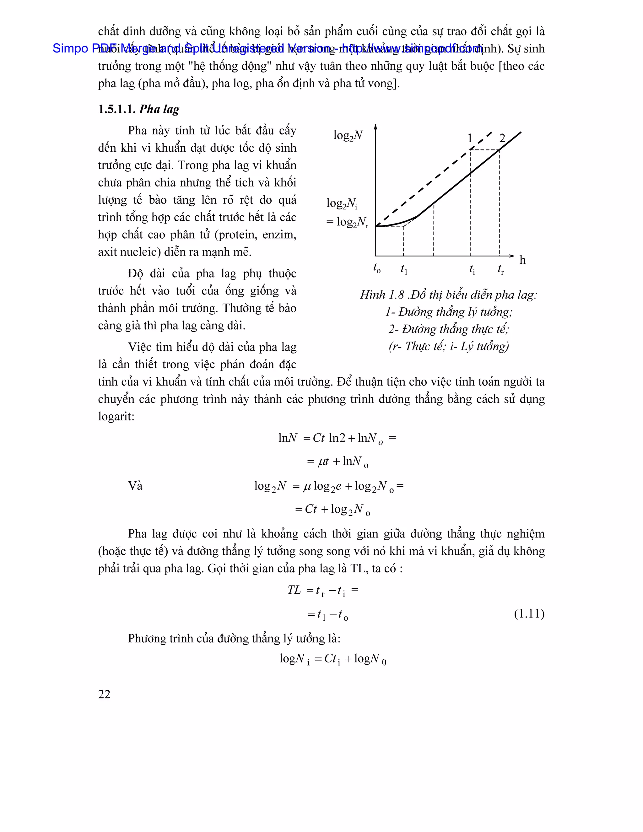 cháút dinh dæåîng vaì cuîng khäng loaûi boí saín pháøm cuäúi cuìng cuía sæû trao âäøi cháút goüi laì
Simpo PDF Merge and Split Unregistered haûn trong-mäüt khoaíng thåìi gian nháút âënh). Sæû sinh
       nuäi cáúy ténh (quáön thãø tãú baìo bë giåïi Version http://www.simpopdf.com
       træåíng trong mäüt “hãû thäúng âäüng” nhæ váûy tuán theo nhæîng quy luáût bàõt buäüc [theo caïc
       pha lag (pha måí âáöu), pha log, pha äøn âënh vaì pha tæí vong].

         1.5.1.1. Pha lag
                Pha naìy tênh tæì luïc bàõt âáöu cáúy             log2N                        1      2
         âãún khi vi khuáøn âaût âæåüc täúc âäü sinh
         træåíng cæûc âaûi. Trong pha lag vi khuáøn
         chæa phán chia nhæng thãø têch vaì khäúi
         læåüng tãú baìo tàng lãn roî rãût do quaï              log2Ni
         trçnh täøng håüp caïc cháút træåïc hãút laì caïc       = log2Nr
         håüp cháút cao phán tæí (protein, enzim,
         axit nucleic) diãùn ra maûnh meî.
                                                                                                            h
                                                                           to    t1             ti    tr
                Âäü daìi cuía pha lag phuû thuäüc
         træåïc hãút vaìo tuäøi cuía äúng giäúng vaì                     Hçnh 1.8 .Âäö thë biãøu diãùn pha lag:
         thaình pháön mäi træåìng. Thæåìng tãú baìo                          1- Âæåìng thàóng lyï tæåíng;
         caìng giaì thç pha lag caìng daìi.                                   2- Âæåìng thàóng thæûc tãú;
                 Viãûc tçm hiãøu âäü daìi cuía pha lag                        (r- Thæûc tãú; i- Lyï tæåíng)
         laì cáön thiãút trong viãûc phaïn âoaïn âàûc
         tênh cuía vi khuáøn vaì tênh cháút cuía mäi træåìng. Âãø thuáûn tiãûn cho viãûc tênh toaïn ngæåìi ta
         chuyãøn caïc phæång trçnh naìy thaình caïc phæång trçnh âæåìng thàóng bàòng caïch sæí duûng
         logarit:
                                                    lnN = Ct ln 2 + lnN o =
                                                            = µt + lnN o
                Vaì                           log 2 N = µ log 2e + log 2 N o =
                                                        = Ct + log 2 N o
                Pha lag âæåüc coi nhæ laì khoaíng caïch thåìi gian giæîa âæåìng thàóng thæûc nghiãûm
         (hoàûc thæûc tãú) vaì âæåìng thàóng lyï tæåíng song song våïi noï khi maì vi khuáøn, giaí duû khäng
         phaíi traíi qua pha lag. Goüi thåìi gian cuía pha lag laì TL, ta coï :
                                                      TL = t r − t i =
                                                            = t1 − t o                                     (1.11)
                Phæång trçnh cuía âæåìng thàóng lyï tæåíng laì:
                                                    logN i = Ct i + logN 0

         22
 