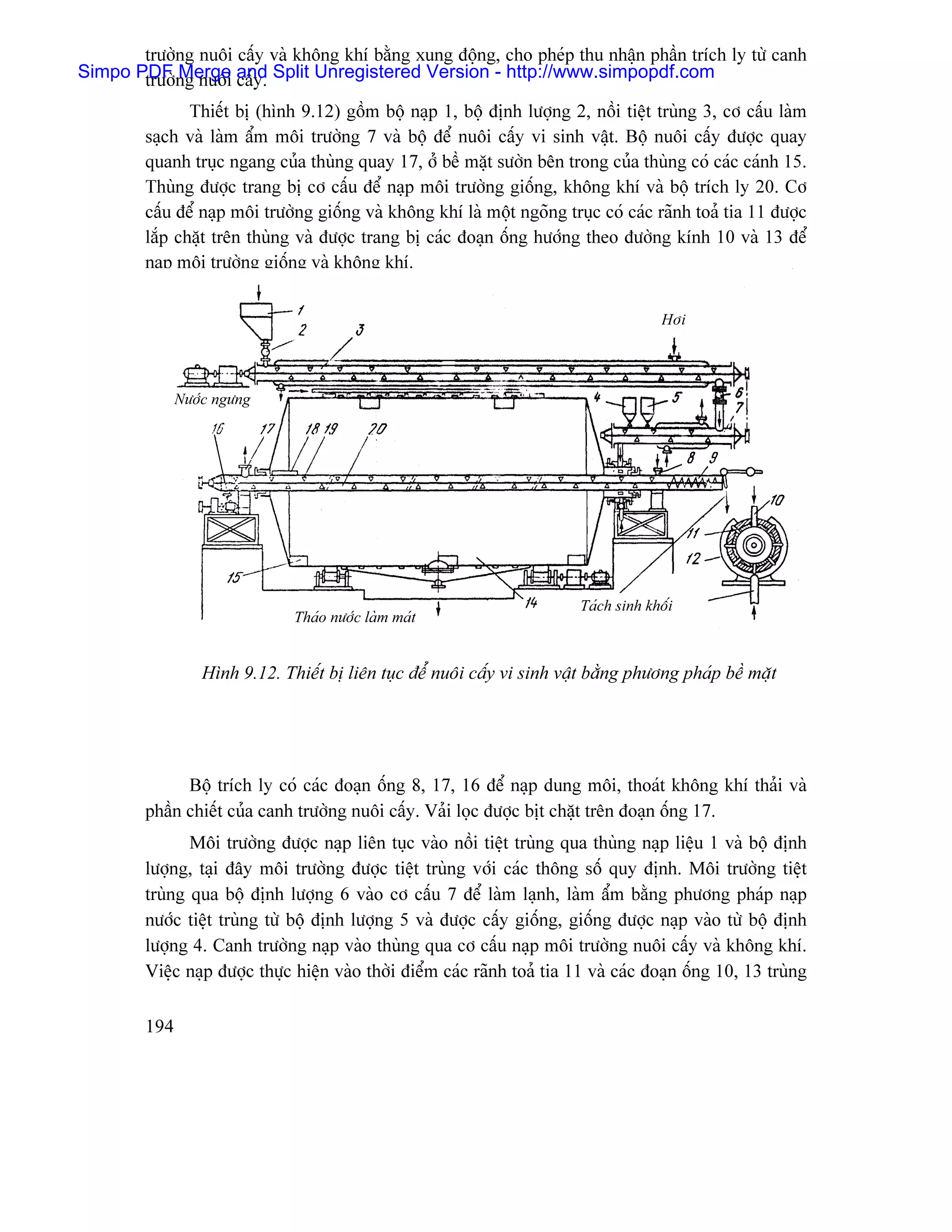 træåìng nuäi cáúy vaì khäng khê bàòng xung âäüng, cho pheïp thu nháûn pháön trêch ly tæì canh
Simpo PDF ng nuäi and Split Unregistered Version - http://www.simpopdf.com
       træåì Merge cáúy.
                Thiãút bë (hçnh 9.12) gäöm bäü naûp 1, bäü âënh læåüng 2, näöi tiãût truìng 3, cå cáúu laìm
         saûch vaì laìm áøm mäi træåìng 7 vaì bäü âãø nuäi cáúy vi sinh váût. Bäü nuäi cáúy âæåüc quay
         quanh truûc ngang cuía thuìng quay 17, åí bãö màût sæåìn bãn trong cuía thuìng coï caïc caïnh 15.
         Thuìng âæåüc trang bë cå cáúu âãø naûp mäi træåìng giäúng, khäng khê vaì bäü trêch ly 20. Cå
         cáúu âãø naûp mäi træåìng giäúng vaì khäng khê laì mäüt ngoîng truûc coï caïc raînh toaí tia 11 âæåüc
         làõp chàût trãn thuìng vaì âæåüc trang bë caïc âoaûn äúng hæåïng theo âæåìng kênh 10 vaì 13 âãø
         naûp mäi træåìng giäúng vaì khäng khê.


                                                                                          Håi
                                                                                          Håi



               Næåïc ngæng




                                                                            Taïch sinh khäúi
                               Thaïo næåïc laìm maït


                  Hçnh 9.12. Thiãút bë liãn tuûc âãø nuäi cáúy vi sinh váût bàòng phæång phaïp bãö màût




               Bäü trêch ly coï caïc âoaûn äúng 8, 17, 16 âãø naûp dung mäi, thoaït khäng khê thaíi vaì
         pháön chiãút cuía canh træåìng nuäi cáúy. Vaíi loüc âæåüc bët chàût trãn âoaûn äúng 17.
                Mäi træåìng âæåüc naûp liãn tuûc vaìo näöi tiãût truìng qua thuìng naûp liãûu 1 vaì bäü âënh
         læåüng, taûi âáy mäi træåìng âæåüc tiãût truìng våïi caïc thäng säú quy âënh. Mäi træåìng tiãût
         truìng qua bäü âënh læåüng 6 vaìo cå cáúu 7 âãø laìm laûnh, laìm áøm bàòng phæång phaïp naûp
         næåïc tiãût truìng tæì bäü âënh læåüng 5 vaì âæåüc cáúy giäúng, giäúng âæåüc naûp vaìo tæì bäü âënh
         læåüng 4. Canh træåìng naûp vaìo thuìng qua cå cáúu naûp mäi træåìng nuäi cáúy vaì khäng khê.
         Viãûc naûp âæåüc thæûc hiãûn vaìo thåìi âiãøm caïc raînh toaí tia 11 vaì caïc âoaûn äúng 10, 13 truìng

         194
 