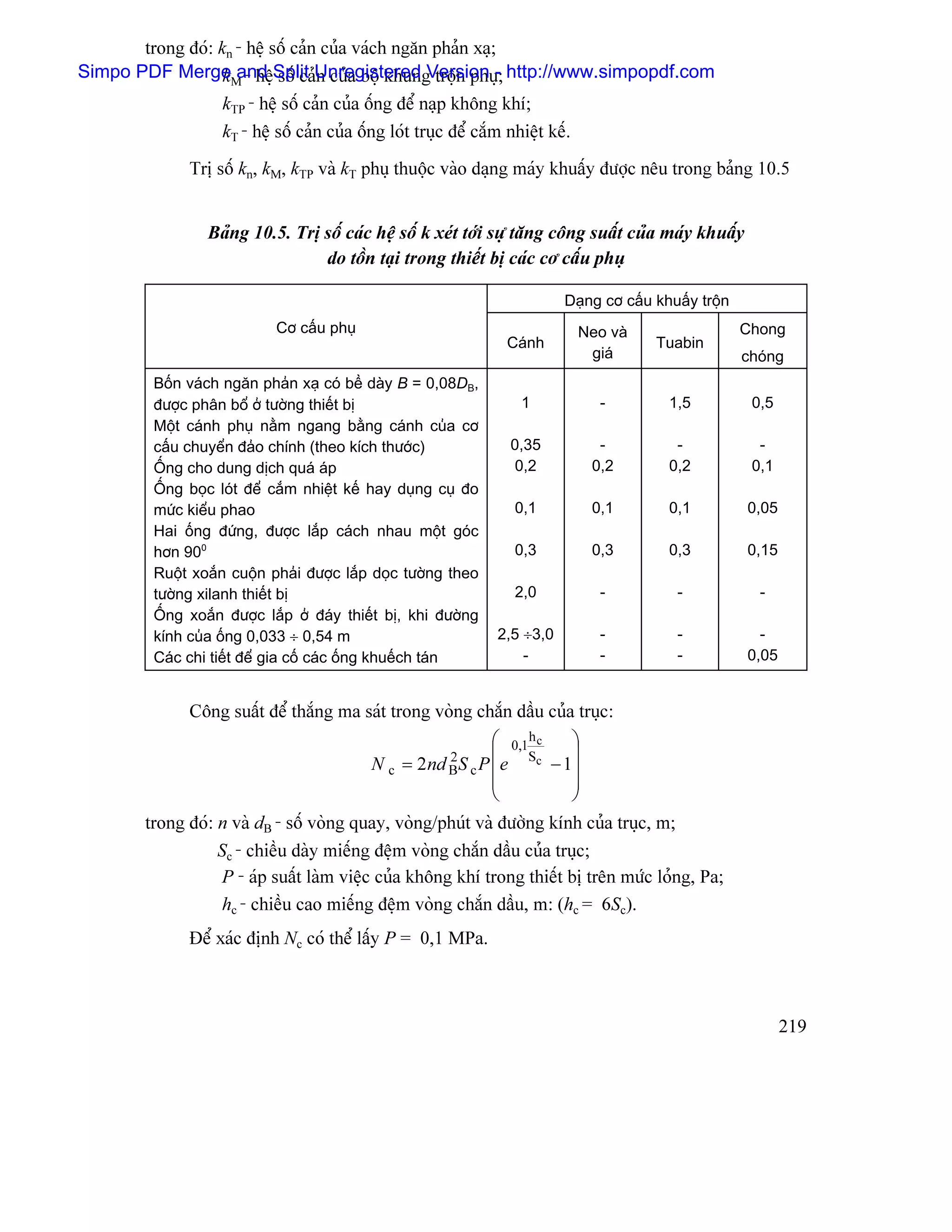trong âoï: kn - hãû säú caín cuía vaïch ngàn phaín xaû;
Simpo PDF MergeM - hãûSplit Unregistered Version -; http://www.simpopdf.com
                   k and säú caín cuía bäü khung träün phuû
                   kTP - hãû säú caín cuía äúng âãø naûp khäng khê;
                   kT - hãû säú caín cuía äúng loït truûc âãø càõm nhiãût kãú.
              Trë säú kn, kM, kTP vaì kT phuû thuäüc vaìo daûng maïy khuáúy âæåüc nãu trong baíng 10.5


                 Baíng 10.5. Trë säú caïc hãû säú k xeït tåïi sæû tàng cäng suáút cuía maïy khuáúy
                                 do täön taûi trong thiãút bë caïc cå cáúu phuû

                                                                            Daûng cå cáúu khuáúy träün
                            Cå cáúu phuû                                      Neo vaì                    Chong
                                                                   Caïnh                  Tuabin
                                                                               giaï                      choïng
         Bäún vaïch ngàn phaín xaû coï bãö daìy B = 0,08DB,
         âæåüc phán bäø åí tæåìng thiãút bë                         1              -        1,5           0,5
         Mäüt caïnh phuû nàòm ngang bàòng caïnh cuía cå
         cáúu chuyãøn âaío chênh (theo kêch thæåïc)                0,35            -         -             -
         ÄÚng cho dung dëch quaï aïp                               0,2            0,2       0,2           0,1
         ÄÚng boüc loït âãø càõm nhiãût kãú hay duûng cuû âo
         mæïc kiãøu phao                                            0,1           0,1       0,1          0,05
         Hai äúng âæïng, âæåüc làõp caïch nhau mäüt goïc
         hån 900                                                    0,3           0,3       0,3          0,15
         Ruäüt xoàõn cuäün phaíi âæåüc làõp doüc tæåìng theo
         tæåìng xilanh thiãút bë                                    2,0            -         -             -
         ÄÚng xoàõn âæåüc làõp åí âaïy thiãút bë, khi âæåìng
         kênh cuía äúng 0,033 ÷ 0,54 m                         2,5 ÷3,0            -         -             -
         Caïc chi tiãút âãø gia cäú caïc äúng khuãúch taïn         -               -         -           0,05


              Cäng suáút âãø thàõng ma saït trong voìng chàõn dáöu cuía truûc:
                                                               ⎛      h
                                                                   0,1 c      ⎞
                                                             ⎜                ⎟
                                           Nc =       2
                                                  2nd BS c P ⎜ e      Sc
                                                                           − 1⎟
                                                               ⎜              ⎟
                                                               ⎝              ⎠
        trong âoï: n vaì dB - säú voìng quay, voìng/phuït vaì âæåìng kênh cuía truûc, m;
                   Sc - chiãöu daìy miãúng âãûm voìng chàõn dáöu cuía truûc;
                    P - aïp suáút laìm viãûc cuía khäng khê trong thiãút bë trãn mæïc loíng, Pa;
                    hc - chiãöu cao miãúng âãûm voìng chàõn dáöu, m: (hc = 6Sc).
              Âãø xaïc âënh Nc coï thãø láúy P = 0,1 MPa.



                                                                                                                219
 
