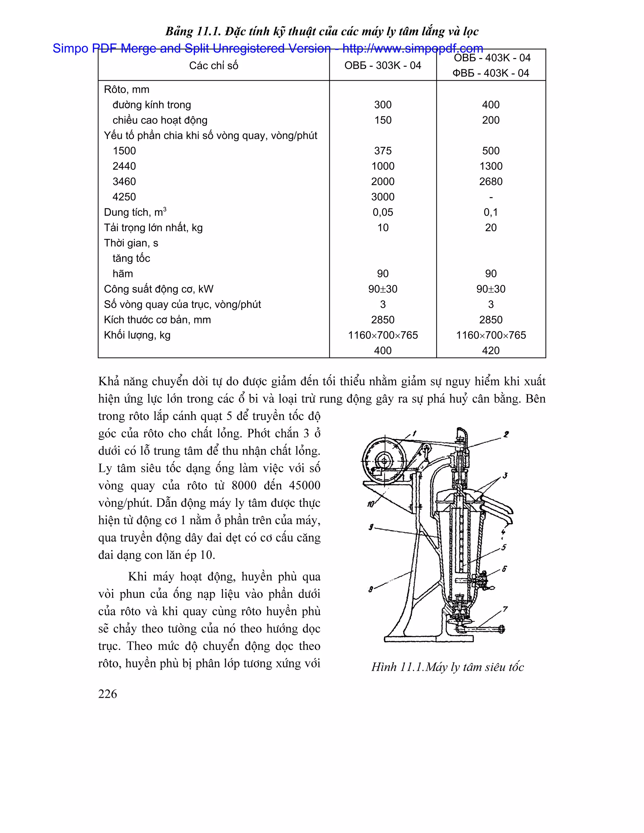 Baíng 11.1. Âàûc tênh kyî thuáût cuía caïc maïy ly tám làõng vaì loüc
Simpo PDF Merge and Split Unregistered Version - http://www.simpopdf.com
                                                                                       ОВБ - 403K - 04
                              Caïc chè säú                      ОВБ - 303K - 04
                                                                                       ФВБ - 403K - 04
          Räto, mm
            âæåìng kênh trong                                         300                    400
            chiãöu cao hoaût âäüng                                    150                    200
          Yãúu täú pháön chia khi säú voìng quay, voìng/phuït
            1500                                                      375                    500
            2440                                                     1000                    1300
            3460                                                     2000                    2680
            4250                                                     3000                      -
          Dung têch, m3                                              0,05                     0,1
          Taíi troüng låïn nháút, kg                                  10                      20
          Thåìi gian, s
            tàng täúúc
            haîm                                                     90                      90
          Cäng suáút âäüng cå, kW                                  90±30                   90±30
          Säú voìng quay cuía truûc, voìng/phuït                      3                      3
          Kêch thæåïc cå baín, mm                                   2850                    2850
          Khäúi læåüng, kg                                      1160×700×765            1160×700×765
                                                                     400                    420

         Khaí nàng chuyãøn dåìi tæû do âæåüc giaím âãún täúi thiãøu nhàòm giaím sæû nguy hiãøm khi xuáút
         hiãûn æïng læûc låïn trong caïc äø bi vaì loaûi træì rung âäüng gáy ra sæû phaï huyí cán bàòng. Bãn
         trong räto làõp caïnh quaût 5 âãø truyãön täúc âäü
         goïc cuía räto cho cháút loíng. Phåït chàõn 3 åí
         dæåïi coï läù trung tám âãø thu nháûn cháút loíng.
         Ly tám siãu täúc daûng äúng laìm viãûc våïi säú
         voìng quay cuía räto tæì 8000 âãún 45000
         voìng/phuït. Dáùn âäüng maïy ly tám âæåüc thæûc
         hiãûn tæì âäüng cå 1 nàòm åí pháön trãn cuía maïy,
         qua truyãön âäüng dáy âai deût coï cå cáúu càng
         âai daûng con làn eïp 10.
                Khi maïy hoaût âäüng, huyãön phuì qua
         voìi phun cuía äúng naûp liãûu vaìo pháön dæåïi
         cuía räto vaì khi quay cuìng räto huyãön phuì
         seî chaíy theo tæåìng cuía noï theo hæåïng doüc
         truûc. Theo mæïc âäü chuyãøn âäüng doüc theo
         räto, huyãön phuì bë phán låïp tæång xæïng våïi             Hçnh 11.1.Maïy ly tám siãu täúc

         226
 
