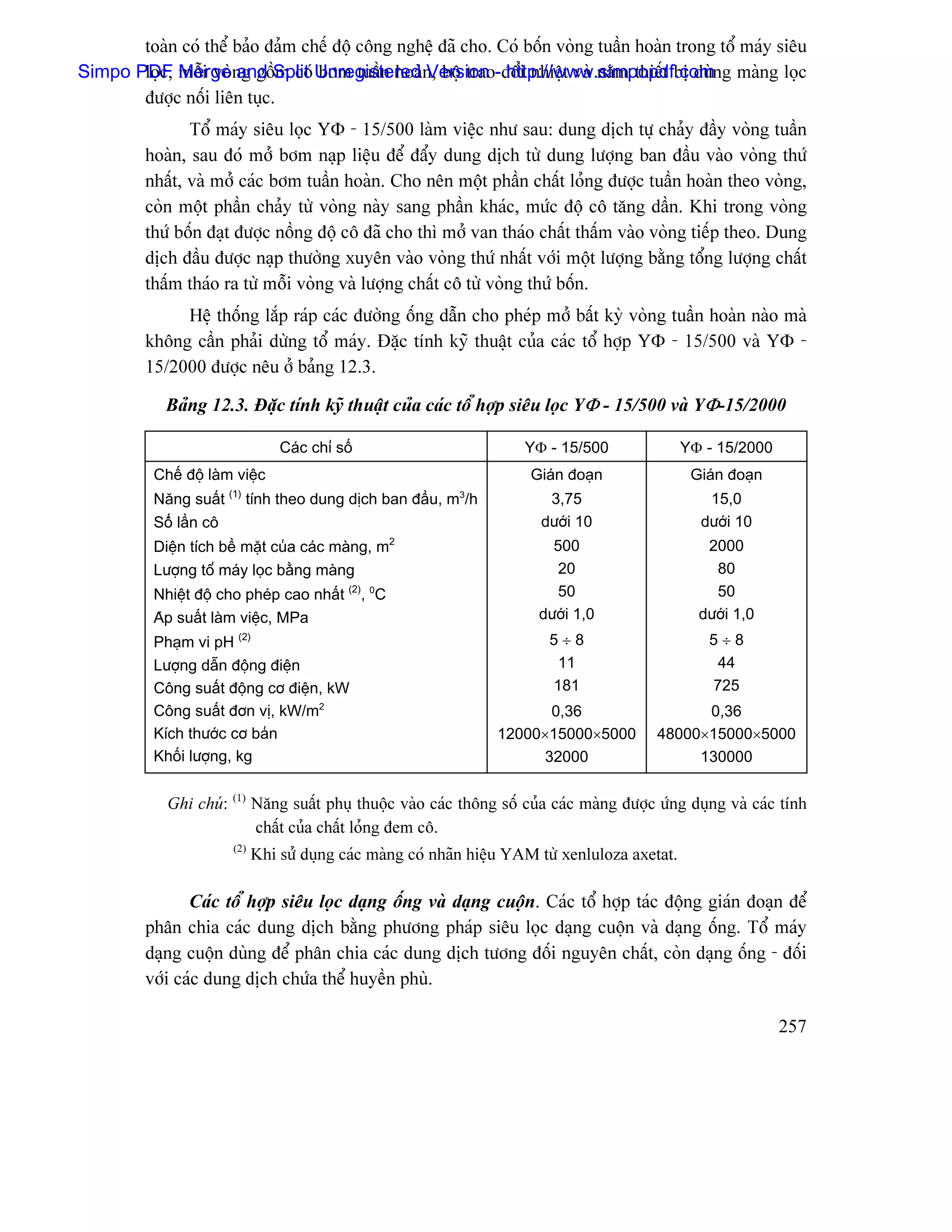 toaìn coï thãø baío âaím chãú âäü cäng nghãû âaî cho. Coï bäún voìng tuáön hoaìn trong täø maïy siãu
Simpo PDF Merge ng gäöSplit Unregistered n, bäü trao-âäøi nhiãût vaì nàm thiãút bë duìng maìng loüc
       loüc, mäùi voì and m coï båm tuáön hoaì Version http://www.simpopdf.com
       âæåüc näúi liãn tuûc.
                Täø maïy siãu loüc YΦ - 15/500 laìm viãûc nhæ sau: dung dëch tæû chaíy âáöy voìng tuáön
         hoaìn, sau âoï måí båm naûp liãûu âãø âáøy dung dëch tæì dung læåüng ban âáöu vaìo voìng thæï
         nháút, vaì måí caïc båm tuáön hoaìn. Cho nãn mäüt pháön cháút loíng âæåüc tuáön hoaìn theo voìng,
         coìn mäüt pháön chaíy tæì voìng naìy sang pháön khaïc, mæïc âäü cä tàng dáön. Khi trong voìng
         thæï bäún âaût âæåüc näöng âäü cä âaî cho thç måí van thaïo cháút tháúm vaìo voìng tiãúp theo. Dung
         dëch âáöu âæåüc naûp thæåìng xuyãn vaìo voìng thæï nháút våïi mäüt læåüng bàòng täøng læåüng cháút
         tháúm thaïo ra tæì mäùi voìng vaì læåüng cháút cä tæì voìng thæï bäún.
              Hãû thäúng làõp raïp caïc âæåìng äúng dáùn cho pheïp måí báút kyì voìng tuáön hoaìn naìo maì
         khäng cáön phaíi dæìng täø maïy. Âàûc tênh kyî thuáût cuía caïc täø håüp YΦ - 15/500 vaì YΦ -
         15/2000 âæåüc nãu åí baíng 12.3.

             Baíng 12.3. Âàûc tênh kyî thuáût cuía caïc täø håüp siãu loüc YΦ - 15/500 vaì YΦ-15/2000

                                     Caïc chè säú                           YΦ - 15/500               YΦ - 15/2000
           Chãú âäü laìm viãûc                                               Giaïn âoaûn               Giaïn âoaûn
                          (1)                                     3
           Nàng suáút           tênh theo dung dëch ban âáöu, m /h              3,75                      15,0
           Säúï láön cä                                                        dæåïi 10                  dæåïi 10
           Diãûn têch bãö màût cuía caïc maìng, m2                               500                     2000
           Læåüng täø maïy loüc bàòng maìng                                       20                      80
           Nhiãût âäü cho pheïp cao nháút (2), 0C                                 50                      50
           Aïp suáút laìm viãûc, MPa                                           dæåïi 1,0                dæåïi 1,0
           Phaûm vi pH (2)                                                      5÷8                       5÷8
           Læåüng dáùn âäüng âiãûn                                               11                        44
           Cäng suáút âäüng cå âiãûn, kW                                        181                       725
           Cäng suáút âån vë, kW/m2                                           0,36                      0,36
           Kêch thæåïc cå baín                                          12000×15000×5000          48000×15000×5000
           Khäúi læåüng, kg                                                  32000                     130000

                          (1)
             Ghi chuï:           Nàng suáút phuû thuäüc vaìo caïc thäng säú cuía caïc maìng âæåüc æïng duûng vaì caïc tênh
                                 cháút cuía cháút loíng âem cä.
                           (2)
                                 Khi sæí duûng caïc maìng coï nhaîn hiãûu YAM tæì xenluloza axetat.

                Caïc täø håüp siãu loüc daûng äúng vaì daûng cuäün. Caïc täø håüp taïc âäüng giaïn âoaûn âãø
         phán chia caïc dung dëch bàòng phæång phaïp siãu loüc daûng cuäün vaì daûng äúng. Täø maïy
         daûng cuäün duìng âãø phán chia caïc dung dëch tæång âäúi nguyãn cháút, coìn daûng äúng - âäúi
         våïi caïc dung dëch chæïa thãø huyãön phuì.

                                                                                                                     257
 