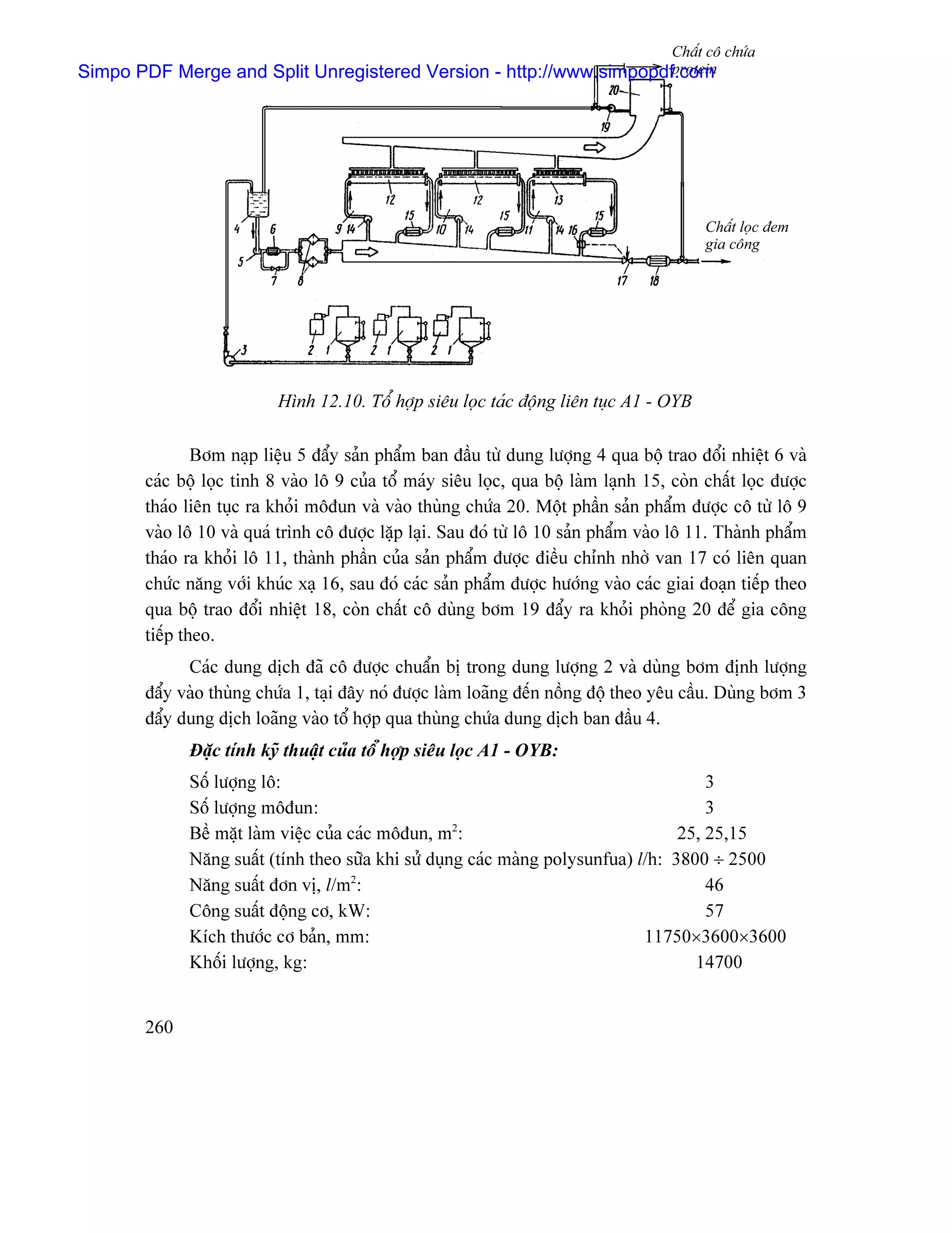 Cháút cä chæïa
                                                                    protein
Simpo PDF Merge and Split Unregistered Version - http://www.simpopdf.com




                                                                                           Cháút loüc âem
                                                                                           gia cäng




                           Hçnh 12.10. Täø håüp siãu loüc taïc âäüng liãn tuûc A1 - OYB

               Båm naûp liãûu 5 âáøy saín pháøm ban âáöu tæì dung læåüng 4 qua bäü trao âäøi nhiãût 6 vaì
       caïc bäü loüc tinh 8 vaìo lä 9 cuía täø maïy siãu loüc, qua bäü laìm laûnh 15, coìn cháút loüc âæåüc
       thaïo liãn tuûc ra khoíi mäâun vaì vaìo thuìng chæïa 20. Mäüt pháön saín pháøm âæåüc cä tæì lä 9
       vaìo lä 10 vaì quaï trçnh cä âæåüc làûp laûi. Sau âoï tæì lä 10 saín pháøm vaìo lä 11. Thaình pháøm
       thaïo ra khoíi lä 11, thaình pháön cuía saín pháøm âæåüc âiãöu chènh nhåì van 17 coï liãn quan
       chæïc nàng våïi khuïc xaû 16, sau âoï caïc saín pháøm âæåüc hæåïng vaìo caïc giai âoaûn tiãúp theo
       qua bäü trao âäøi nhiãût 18, coìn cháút cä duìng båm 19 âáøy ra khoíi phoìng 20 âãø gia cäng
       tiãúp theo.
             Caïc dung dëch âaî cä âæåüc chuáøn bë trong dung læåüng 2 vaì duìng båm âënh læåüng
       âáøy vaìo thuìng chæïa 1, taûi âáy noï âæåüc laìm loaîng âãún näöng âäü theo yãu cáöu. Duìng båm 3
       âáøy dung dëch loaîng vaìo täø håüp qua thuìng chæïa dung dëch ban âáöu 4.
             Âàûc tênh kyî thuáût cuía täø håüp siãu loüc A1 - OYB:
             Säú læåüng lä:                                                            3
             Säú læåüng mäâun:                                                         3
                                                    2
             Bãö màût laìm viãûc cuía caïc mäâun, m :                              25, 25,15
             Nàng suáút (tênh theo sæîa khi sæí duûng caïc maìng polysunfua) l/h: 3800 ÷ 2500
             Nàng suáút âån vë, l/m2:                                                  46
             Cäng suáút âäüng cå, kW:                                                  57
             Kêch thæåïc cå baín, mm:                                         11750×3600×3600
             Khäúi læåüng, kg:                                                       14700


       260
 