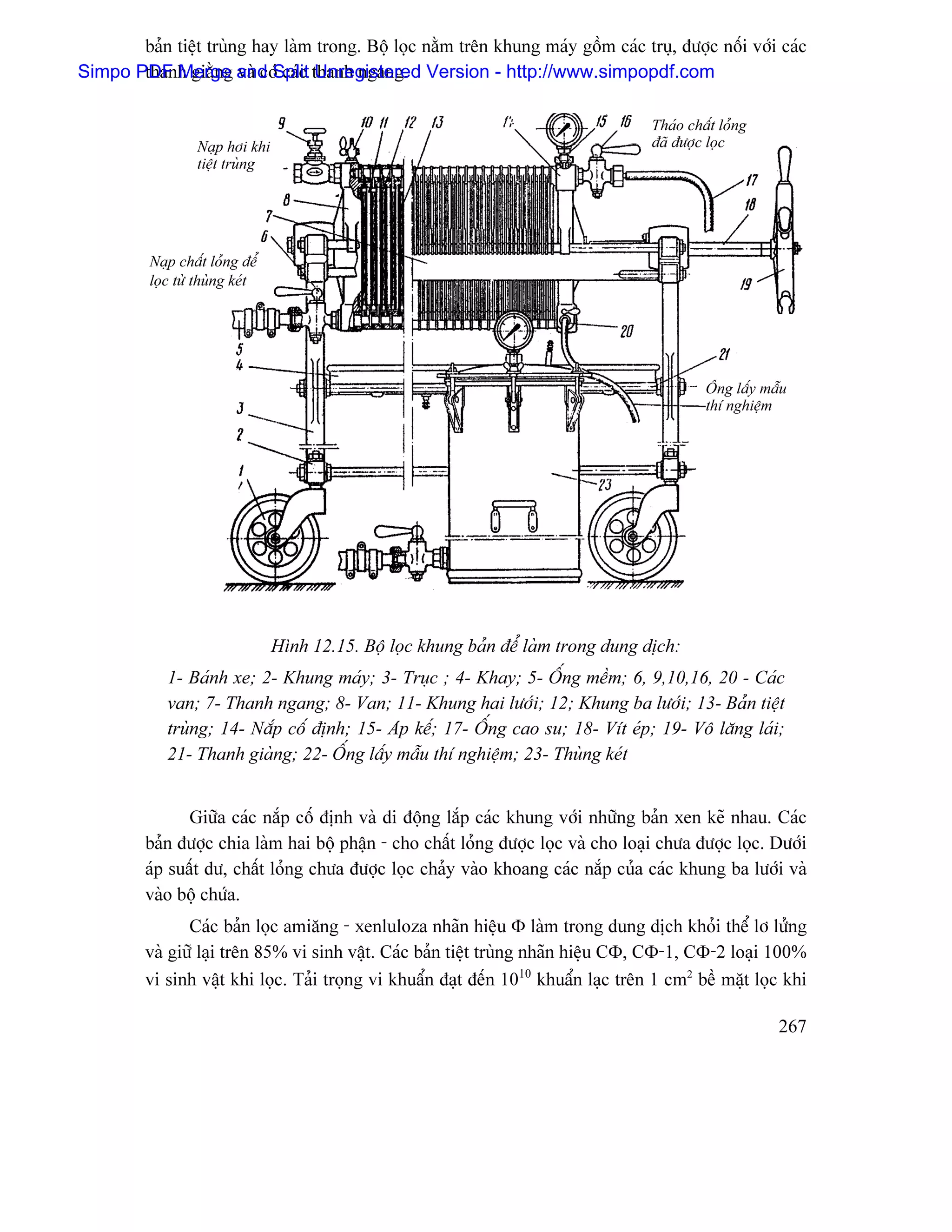 baín tiãût truìng hay laìm trong. Bäü loüc nàòm trãn khung maïy gäöm caïc truû, âæåüc näúi våïi caïc
Simpo PDF Merge and Split thanh ngang. Version - http://www.simpopdf.com
       thanh giàòng vaì coï caïc Unregistered

                                                                                     Thaïo cháút loíng
                  Naûp håi khi                                                       âaî âæåüc loüc
                  tiãût truìng




          Naûp cháút loíng âãø
          loüc tæì thuìng keït




                                                                                              ÄÚng láúy máùu
                                                                                              thê nghiãûm




                                 Hçnh 12.15. Bäü loüc khung baín âãø laìm trong dung dëch:
             1- Baïnh xe; 2- Khung maïy; 3- Truûc ; 4- Khay; 5- ÄÚng mãöm; 6, 9,10,16, 20 - Caïc
             van; 7- Thanh ngang; 8- Van; 11- Khung hai læåïi; 12; Khung ba læåïi; 13- Baín tiãût
             truìng; 14- Nàõp cäú âënh; 15- Aïp kãú; 17- ÄÚng cao su; 18- Vêt eïp; 19- Vä làng laïi;
             21- Thanh giaìng; 22- ÄÚng láúy máùu thê nghiãûm; 23- Thuìng keït


                Giæîa caïc nàõp cäú âënh vaì di âäüng làõp caïc khung våïi nhæîng baín xen keî nhau. Caïc
         baín âæåüc chia laìm hai bäü pháûn - cho cháút loíng âæåüc loüc vaì cho loaûi chæa âæåüc loüc. Dæåïi
         aïp suáút dæ, cháút loíng chæa âæåüc loüc chaíy vaìo khoang caïc nàõp cuía caïc khung ba læåïi vaì
         vaìo bäü chæïa.
                Caïc baín loüc amiàng - xenluloza nhaîn hiãûu Φ laìm trong dung dëch khoíi thãø lå læíng
         vaì giæî laûi trãn 85% vi sinh váût. Caïc baín tiãût truìng nhaîn hiãûu CΦ, CΦ-1, CΦ-2 loaûi 100%
         vi sinh váût khi loüc. Taíi troüng vi khuáøn âaût âãún 1010 khuáøn laûc trãn 1 cm2 bãö màût loüc khi

                                                                                                          267
 
