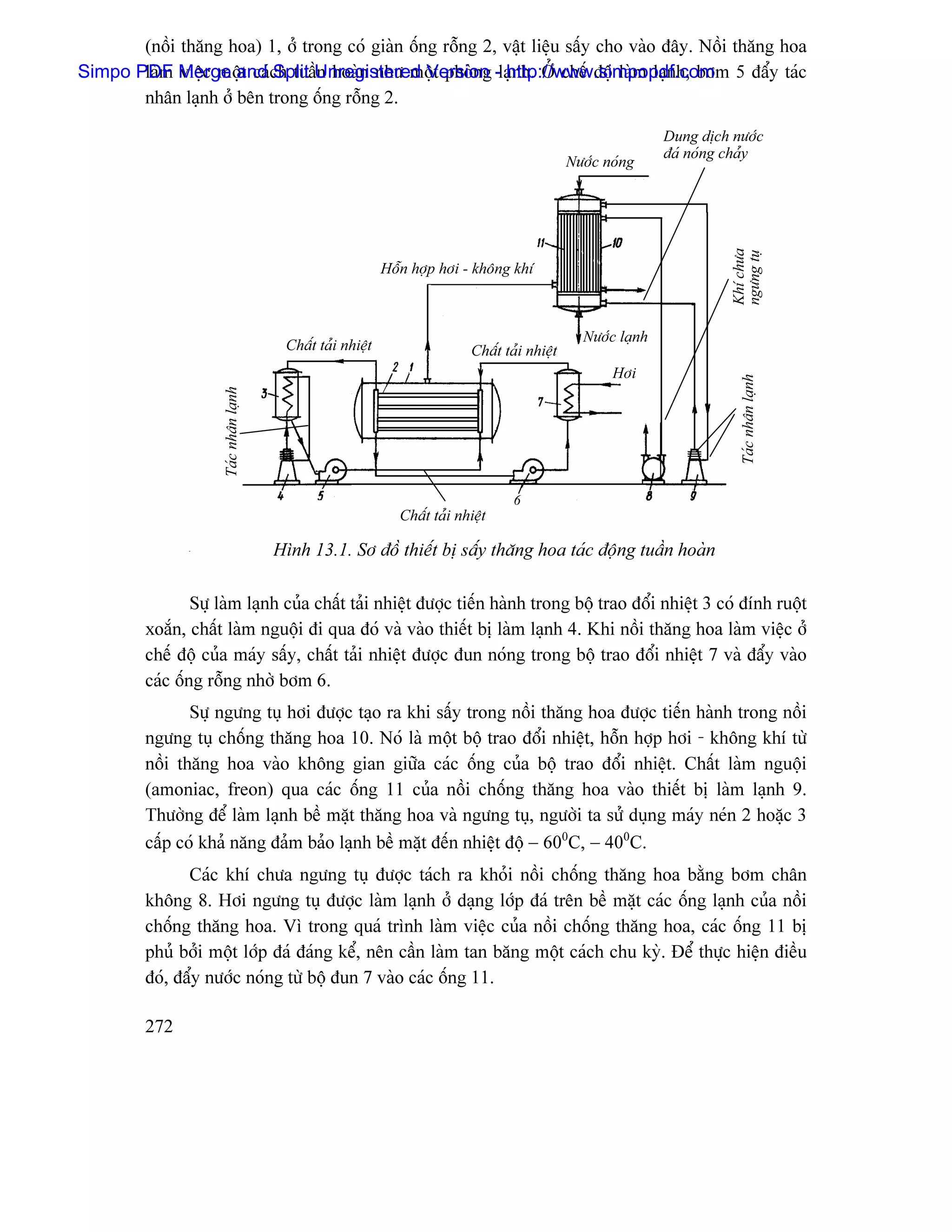 (näöi thàng hoa) 1, åí trong coï giaìn äúng räùng 2, váût liãûu sáúy cho vaìo âáy. Näöi thàng hoa
Simpo PDF Merge and ch tuáöUnregistered Version -laûnh. ÅÍ chãú âäü laìm laûnh, båm 5 âáøy taïc
       laìm viãûc mäüt caï Split n hoaìn nhæ mäüt phoìng http://www.simpopdf.com
       nhán laûnh åí bãn trong äúng räùng 2.

                                                                                                                 Dung dëch næåïc
                                                                                                                 âaï noïng chaíy
                                                                                                 Næåïc noïng




                                                                                                                           Khê chæa
                                                                                                                           ngæng tuû
                                                            Häùn håüp håi - khäng khê



                                                                                                   Næåïc laûnh
                                        Cháút taíi nhiãût                    Cháút taíi nhiãût
                                                                                                        Håi




                                                                                                                             Taïc nhán laûnh
                     Taïc nhán laûnh




                                                                                                     Cháút
                                                                                                     ngæng


                                                                                     6
                                                               Cháút taíi nhiãût

                                       Hçnh 13.1. Så âäö thiãút bë sáúy thàng hoa taïc âäüng tuáön hoaìn

                 Sæû laìm laûnh cuía cháút taíi nhiãût âæåüc tiãún haình trong bäü trao âäøi nhiãût 3 coï âênh ruäüt
         xoàõn, cháút laìm nguäüi âi qua âoï vaì vaìo thiãút bë laìm laûnh 4. Khi näöi thàng hoa laìm viãûc åí
         chãú âäü cuía maïy sáúy, cháút taíi nhiãût âæåüc âun noïng trong bäü trao âäøi nhiãût 7 vaì âáøy vaìo
         caïc äúng räùng nhåì båm 6.
                Sæû ngæng tuû håi âæåüc taûo ra khi sáúy trong näöi thàng hoa âæåüc tiãún haình trong näöi
         ngæng tuû chäúng thàng hoa 10. Noï laì mäüt bäü trao âäøi nhiãût, häùn håüp håi - khäng khê tæì
         näöi thàng hoa vaìo khäng gian giæîa caïc äúng cuía bäü trao âäøi nhiãût. Cháút laìm nguäüi
         (amoniac, freon) qua caïc äúng 11 cuía näöi chäúng thàng hoa vaìo thiãút bë laìm laûnh 9.
         Thæåìng âãø laìm laûnh bãö màût thàng hoa vaì ngæng tuû, ngæåìi ta sæí duûng maïy neïn 2 hoàûc 3
         cáúp coï khaí nàng âaím baío laûnh bãö màût âãún nhiãût âäü − 600C, − 400C.
                Caïc khê chæa ngæng tuû âæåüc taïch ra khoíi näöi chäúng thàng hoa bàòng båm chán
         khäng 8. Håi ngæng tuû âæåüc laìm laûnh åí daûng låïp âaï trãn bãö màût caïc äúng laûnh cuía näöi
         chäúng thàng hoa. Vç trong quaï trçnh laìm viãûc cuía näöi chäúng thàng hoa, caïc äúng 11 bë
         phuí båíi mäüt låïp âaï âaïng kãø, nãn cáön laìm tan bàng mäüt caïch chu kyì. Âãø thæûc hiãûn âiãöu
         âoï, âáøy næåïc noïng tæì bäü âun 7 vaìo caïc äúng 11.

         272
 