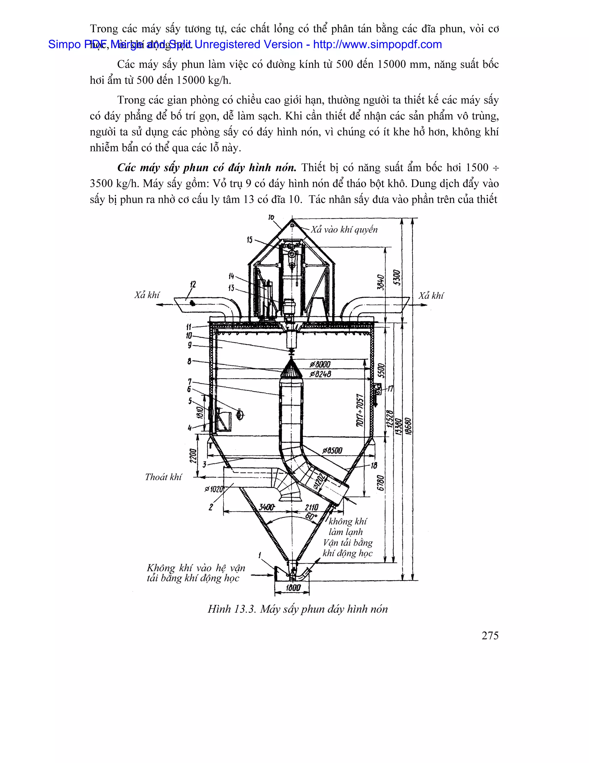 Trong caïc maïy sáúy tæång tæû, caïc cháút loíng coï thãø phán taïn bàòng caïc âéa phun, voìi cå
Simpo PDF, Merge andgSplit. Unregistered Version - http://www.simpopdf.com
       hoüc voìi khê âäün hoüc
                Caïc maïy sáúy phun laìm viãûc coï âæåìng kênh tæì 500 âãún 15000 mm, nàng suáút bäúc
         håi áøm tæì 500 âãún 15000 kg/h.
                Trong caïc gian phoìng coï chiãöu cao giåïi haûn, thæåìng ngæåìi ta thiãút kãú caïc maïy sáúy
         coï âaïy phàóng âãø bäú trê goün, dãù laìm saûch. Khi cáön thiãút âãø nháûn caïc saín pháøm vä truìng,
         ngæåìi ta sæí duûng caïc phoìng sáúy coï âaïy hçnh noïn, vç chuïng coï êt khe håí hån, khäng khê
         nhiãùm báøn coï thãø qua caïc läù naìy.
                Caïc maïy sáúy phun coï âaïy hçnh noïn. Thiãút bë coï nàng suáút áøm bäúc håi 1500 ÷
         3500 kg/h. Maïy sáúy gäöm: Voí truû 9 coï âaïy hçnh noïn âãø thaïo bäüt khä. Dung dëch âáøy vaìo
         sáúy bë phun ra nhåì cå cáúu ly tám 13 coï âéa 10. Taïc nhán sáúy âæa vaìo pháön trãn cuía thiãút

                                                                Xaí vaìo khê quyãøn




                    Xaí khê                                                               Xaí khê




                      Thoaït khê



                                                                    khäng khê
                                                                    laìm laûnh
                                                                   Váûn taíi bàòng
                                                                   khê âäüng hoüc
                       Khäng khê vaìo hãû váûn
                       taíi bàòng khê âäüng hoüc

                                      Hçnh 13.3. Maïy sáúy phun âaïy hçnh noïn

                                                                                                          275
 