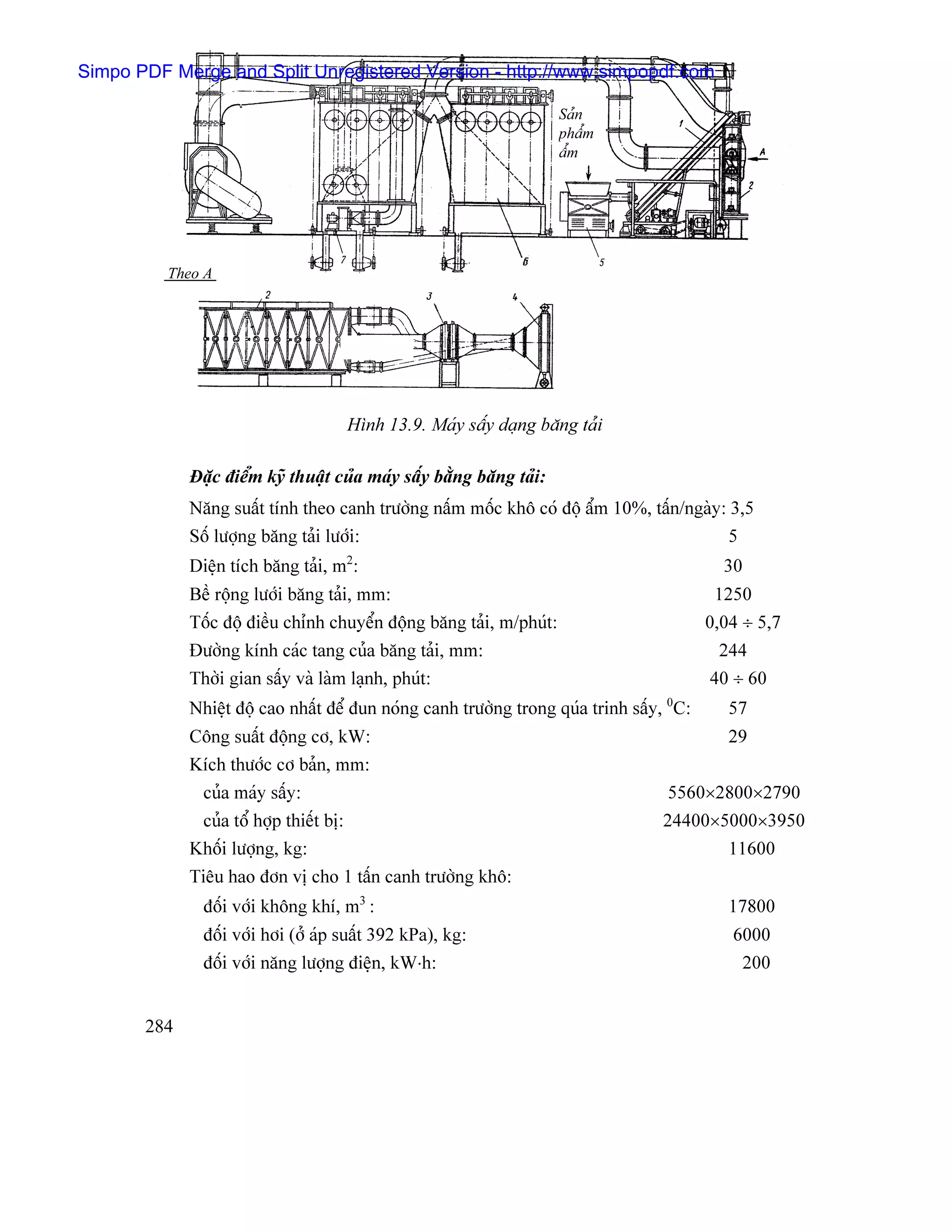 Simpo PDF Merge and Split Unregistered Version - http://www.simpopdf.com

                                                                      Saín
                                                                      pháøm
                                                                      áøm




          Theo A




                                     Hçnh 13.9. Maïy sáúy daûng bàng taíi

             Âàûc âiãøm kyî thuáût cuía maïy sáúy bàòng bàng taíi:
             Nàng suáút tênh theo canh træåìng náúm mäúc khä coï âäü áøm 10%, táún/ngaìy: 3,5
             Säú læåüng bàng taíi læåïi:                                                  5
             Diãûn têch bàng taíi, m2:                                                      30
             Bãö räüng læåïi bàng taíi, mm:                                                1250
             Täúc âäü âiãöu chènh chuyãøn âäüng bàng taíi, m/phuït:                       0,04 ÷ 5,7
             Âæåìng kênh caïc tang cuía bàng taíi, mm:                                     244
             Thåìi gian sáúy vaì laìm laûnh, phuït:                                       40 ÷ 60
             Nhiãût âäü cao nháút âãø âun noïng canh træåìng trong quïa trinh sáúy, 0C:      57
             Cäng suáút âäüng cå, kW:                                                        29
             Kêch thæåïc cå baín, mm:
              cuía maïy sáúy:                                                      5560×2800×2790
              cuía täø håüp thiãút bë:                                            24400×5000×3950
             Khäúi læåüng, kg:                                                           11600
             Tiãu hao âån vë cho 1 táún canh træåìng khä:
               âäúi våïi khäng khê, m3 :                                                     17800
               âäúi våïi håi (åí aïp suáút 392 kPa), kg:                                     6000
               âäúi våïi nàng læåüng âiãûn, kW⋅h:                                             200


       284
 