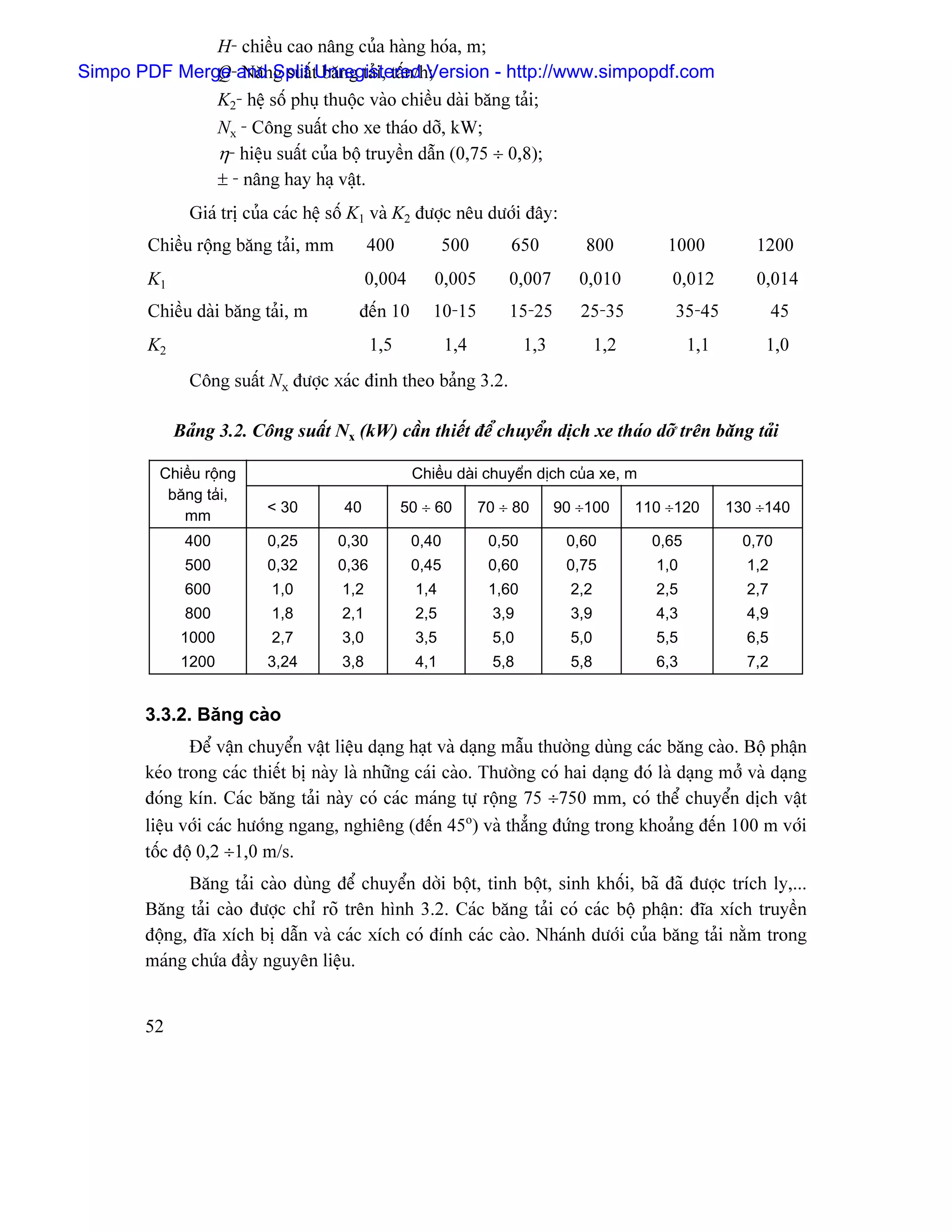 H- chiãöu cao náng cuía haìng hoïa, m;
Simpo PDF Merge and Split tUnregistered Version - http://www.simpopdf.com
              Q- Nàng suáú bàng taíi, táún/h;
              K2- hãû säú phuû thuäüc vaìo chiãöu daìi bàng taíi;
              Nx - Cäng suáút cho xe thaïo dåî, kW;
              η- hiãûu suáút cuía bäü truyãön dáùn (0,75 ÷ 0,8);
              ± - náng hay haû váût.
               Giaï trë cuía caïc hãû säú K1 vaì K2 âæåüc nãu dæåïi âáy:
        Chiãöu räüng bàng taíi, mm          400           500        650           800           1000          1200
        K1                                  0,004      0,005         0,007        0,010          0,012         0,014
        Chiãöu daìi bàng taíi, m         âãún 10       10-15         15-25        25-35           35-45             45
        K2                                  1,5            1,4           1,3           1,2            1,1        1,0
               Cäng suáút Nx âæåüc xaïc âinh theo baíng 3.2.

             Baíng 3.2. Cäng suáút Nx (kW) cáön thiãút âãø chuyãøn dëch xe thaïo dåî trãn bàng taíi

         Chiãöu räüng                               Chiãöu daìi chuyãøn dëch cuía xe, m
          bàng taíi,
                           < 30       40          50 ÷ 60        70 ÷ 80       90 ÷100       110 ÷120       130 ÷140
            mm
              400          0,25      0,30           0,40          0,50          0,60           0,65           0,70
              500          0,32      0,36           0,45          0,60          0,75           1,0            1,2
              600          1,0        1,2           1,4           1,60           2,2           2,5            2,7
              800          1,8        2,1           2,5            3,9           3,9           4,3            4,9
             1000          2,7        3,0           3,5            5,0           5,0           5,5            6,5
             1200          3,24       3,8           4,1            5,8           5,8           6,3            7,2


       3.3.2. Bàng caìo
              Âãø váûn chuyãøn váût liãûu daûng haût vaì daûng máùu thæåìng duìng caïc bàng caìo. Bäü pháûn
       keïo trong caïc thiãút bë naìy laì nhæîng caïi caìo. Thæåìng coï hai daûng âoï laì daûng måí vaì daûng
       âoïng kên. Caïc bàng taíi naìy coï caïc maïng tæû räüng 75 ÷750 mm, coï thãø chuyãøn dëch váût
       liãûu våïi caïc hæåïng ngang, nghiãng (âãún 45o) vaì thàóng âæïng trong khoaíng âãún 100 m våïi
       täúc âäü 0,2 ÷1,0 m/s.
             Bàng taíi caìo duìng âãø chuyãøn dåìi bäüt, tinh bäüt, sinh khäúi, baî âaî âæåüc trêch ly,...
       Bàng taíi caìo âæåüc chè roî trãn hçnh 3.2. Caïc bàng taíi coï caïc bäü pháûn: âéa xêch truyãön
       âäüng, âéa xêch bë dáùn vaì caïc xêch coï âênh caïc caìo. Nhaïnh dæåïi cuía bàng taíi nàòm trong
       maïng chæïa âáöy nguyãn liãûu.


       52
 