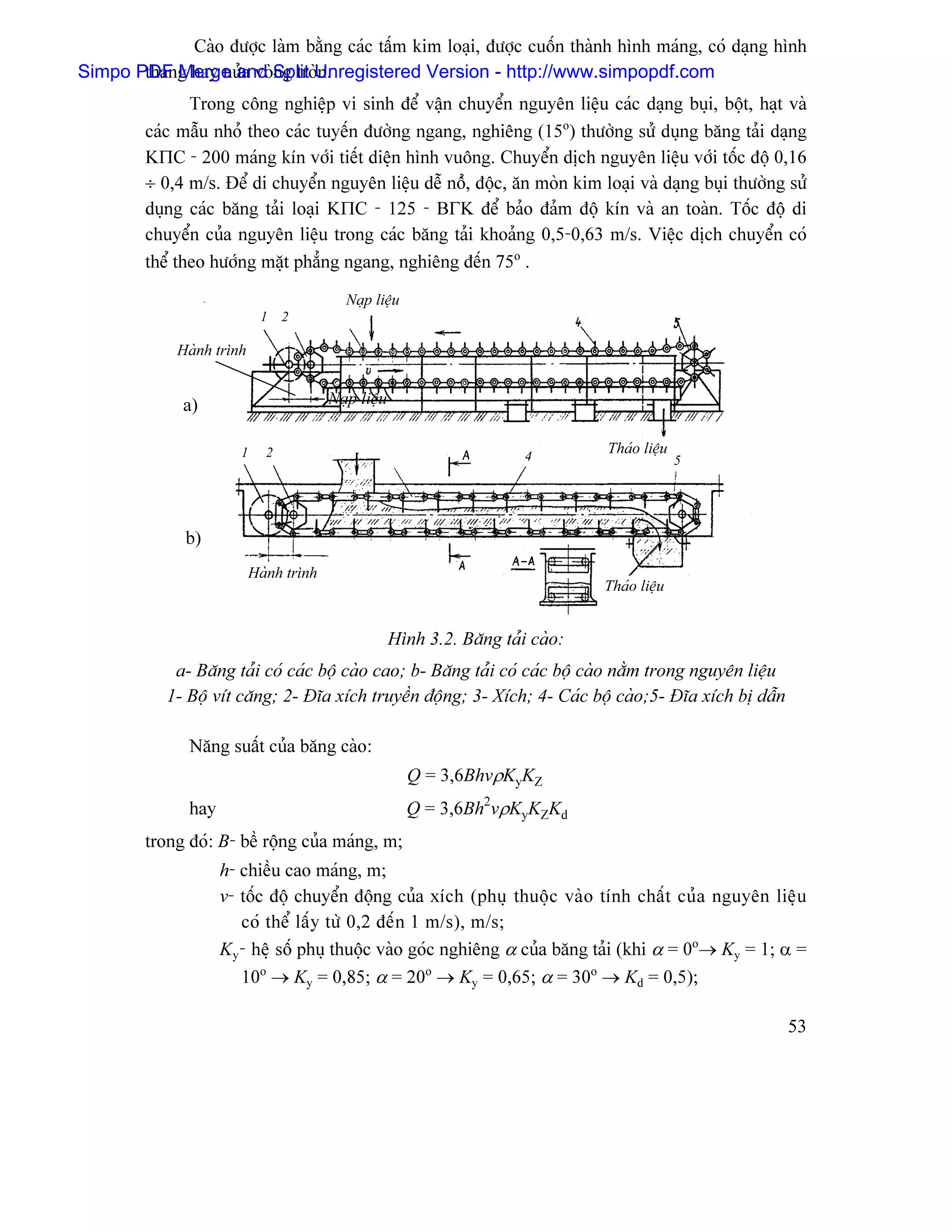 Caìo âæåüc laìm bàòng caïc táúm kim loaûi, âæåüc cuäún thaình hçnh maïng, coï daûng hçnh
Simpo PDF Merge and Split Unregistered Version - http://www.simpopdf.com
       thang hay næía voìng troìn.
                Trong cäng nghiãûp vi sinh âãø váûn chuyãøn nguyãn liãûu caïc daûng buûi, bäüt, haût vaì
         caïc máùu nhoí theo caïc tuyãún âæåìng ngang, nghiãng (15o) thæåìng sæí duûng bàng taíi daûng
         KΠC - 200 maïng kên våïi tiãút diãûn hçnh vuäng. Chuyãøn dëch nguyãn liãûu våïi täúc âäü 0,16
         ÷ 0,4 m/s. Âãø di chuyãøn nguyãn liãûu dãù näí, âäüc, àn moìn kim loaûi vaì daûng buûi thæåìng sæí
         duûng caïc bàng taíi loaûi KΠC - 125 - BΓK âãø baío âaím âäü kên vaì an toaìn. Täúc âäü di
         chuyãøn cuía nguyãn liãûu trong caïc bàng taíi khoaíng 0,5-0,63 m/s. Viãûc dëch chuyãøn coï
         thãø theo hæåïng màût phàóng ngang, nghiãng âãún 75o .
                                            Naûp liãûu
                            1    2

             Haình trçnh


              a)                         Naûp liãûu


                        1    2                                           4
                                                                                  Thaïo liãûu
                                                                                                5




              b)
                           Haình trçnh
                                                                                  Thaïo liãûu


                                                      Hçnh 3.2. Bàng taíi caìo:
             a- Bàng taíi coï caïc bäü caìo cao; b- Bàng taíi coï caïc bäü caìo nàòm trong nguyãn liãûu
            1- Bäü vêt càng; 2- Âéa xêch truyãön âäüng; 3- Xêch; 4- Caïc bäü caìo;5- Âéa xêch bë dáùn

               Nàng suáút cuía bàng caìo:
                                                         Q = 3,6BhvρKyKZ
               hay                                       Q = 3,6Bh2vρKyKZKd
         trong âoï: B- bãö räüng cuía maïng, m;
                     h- chiãöu cao maïng, m;
                     v- täúc âäü chuyãøn âäüng cuía xêch (phuû thuäüc vaìo tênh cháút cuía nguyãn liãûu
                        coï thãø láúy tæì 0,2 âãún 1 m/s), m/s;
                     Ky- hãû säú phuû thuäüc vaìo goïc nghiãng α cuía bàng taíi (khi α = 0o→ Ky = 1; α =
                        10o → Ky = 0,85; α = 20o → Ky = 0,65; α = 30o → Kd = 0,5);

                                                                                                          53
 