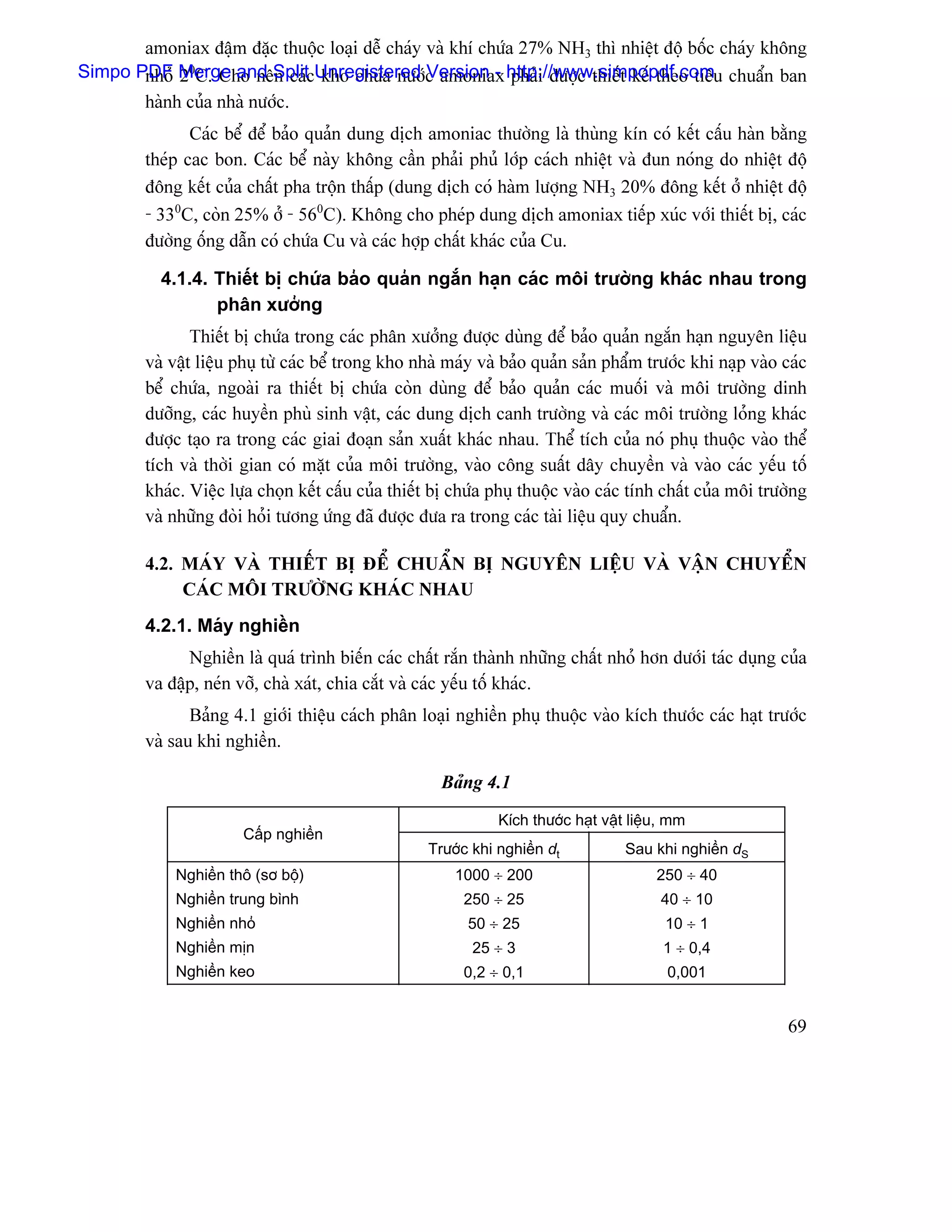 amoniax âáûm âàûc thuäüc loaûi dãù chaïy vaì khê chæïa 27% NH3 thç nhiãût âäü bäúc chaïy khäng
Simpo PDF Merge and SplitcUnregistered c amoniax http://www.simpopdf.com chuáøn ban
       nhoí 20C. Cho nãn caï kho chæïa næåï Version - phaíi âæåüc thiãút kãú theo tiãu
       haình cuía nhaì næåïc.
                Caïc bãø âãø baío quaín dung dëch amoniac thæåìng laì thuìng kên coï kãút cáúu haìn bàòng
         theïp cac bon. Caïc bãø naìy khäng cáön phaíi phuí låïp caïch nhiãût vaì âun noïng do nhiãût âäü
         âäng kãút cuía cháút pha träün tháúp (dung dëch coï haìm læåüng NH3 20% âäng kãút åí nhiãût âäü
         - 330C, coìn 25% åí - 560C). Khäng cho pheïp dung dëch amoniax tiãúp xuïc våïi thiãút bë, caïc
         âæåìng äúng dáùn coï chæïa Cu vaì caïc håüp cháút khaïc cuía Cu.

           4.1.4. Thiãút bë chæïa baío quaín ngàõn haûn caïc mäi træåìng khaïc nhau trong
                  phán xæåíng
                 Thiãút bë chæïa trong caïc phán xæåíng âæåüc duìng âãø baío quaín ngàõn haûn nguyãn liãûu
         vaì váût liãûu phuû tæìì caïc bãø trong kho nhaì maïy vaì baío quaín saín pháøm træåïc khi naûp vaìo caïc
         bãø chæïa, ngoaìi ra thiãút bë chæïa coìn duìng âãø baío quaín caïc muäúi vaì mäi træåìng dinh
         dæåîng, caïc huyãön phuì sinh váût, caïc dung dëch canh træåìng vaì caïc mäi træåìng loíng khaïc
         âæåüc taûo ra trong caïc giai âoaûn saín xuáút khaïc nhau. Thãø têch cuía noï phuû thuäüc vaìo thãø
         têch vaì thåìi gian coï màût cuía mäi træåìng, vaìo cäng suáút dáy chuyãön vaì vaìo caïc yãúu täú
         khaïc. Viãûc læûa choün kãút cáúu cuía thiãút bë chæïa phuû thuäüc vaìo caïc tênh cháút cuía mäi træåìng
         vaì nhæîng âoìi hoíi tæång æïng âaî âæåüc âæa ra trong caïc taìi liãûu quy chuáøn.

         4.2. MAÏY VAÌ THIÃÚT BË ÂÃØ CHUÁØN BË NGUYÃN LIÃÛU VAÌ VÁÛN CHUYÃØN
              CAÏC MÄI TRÆÅÌNG KHAÏC NHAU
         4.2.1. Maïy nghiãön
               Nghiãön laì quaï trçnh biãún caïc cháút ràõn thaình nhæîng cháút nhoí hån dæåïi taïc duûng cuía
         va âáûp, neïn våî, chaì xaït, chia càõt vaì caïc yãúu täú khaïc.
                Baíng 4.1 giåïi thiãûu caïch phán loaûi nghiãön phuû thuäüc vaìo kêch thæåïc caïc haût træåïc
         vaì sau khi nghiãön.

                                                       Baíng 4.1
                                                                 Kêch thæåïc haût váût liãûu, mm
                        Cáúp nghiãön
                                                     Træåïc khi nghiãön dt            Sau khi nghiãön dS
             Nghiãön thä (så bäü)                         1000 ÷ 200                       250 ÷ 40
             Nghiãön trung bçnh                            250 ÷ 25                        40 ÷ 10
             Nghiãön nhoí                                   50 ÷ 25                         10 ÷ 1
             Nghiãön mën                                    25 ÷ 3                          1 ÷ 0,4
             Nghiãön keo                                   0,2 ÷ 0,1                         0,001


                                                                                                               69
 