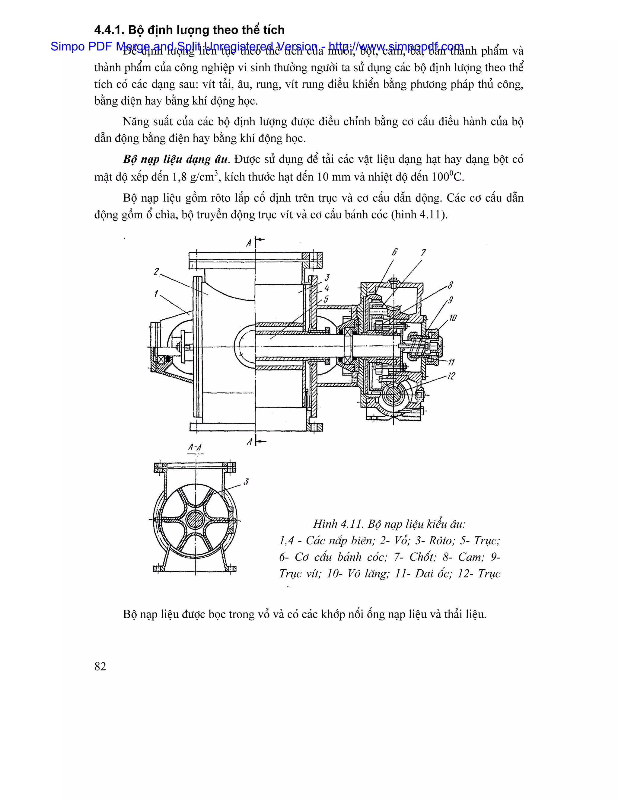 4.4.1. Bäü âënh læåüng theo thãø têch
Simpo PDF Merge and Splitliãn tuûc theo thãø têch cuía- muäúi, bäüt, caïm, baî, baïn thaình pháøm vaì
              Âãø âënh læåüng Unregistered Version http://www.simpopdf.com
       thaình pháøm cuía cäng nghiãûp vi sinh thæåìng ngæåìi ta sæí duûng caïc bäü âënh læåüng theo thãø
       têch coï caïc daûng sau: vêt taíi, áu, rung, vêt rung âiãöu khiãøn bàòng phæång phaïp thuí cäng,
       bàòng âiãûn hay bàòng khê âäüng hoüc.
               Nàng suáút cuía caïc bäü âënh læåüng âæåüc âiãöu chènh bàòng cå cáúu âiãöu haình cuía bäü
         dáùn âäüng bàòng âiãûn hay bàòng khê âäüng hoüc.
               Bäü naûp liãûu daûng áu. Âæåüc sæí duûng âãø taíi caïc váût liãûu daûng haût hay daûng bäüt coï
         máût âäü xãúp âãún 1,8 g/cm3, kêch thæåïc haût âãún 10 mm vaì nhiãût âäü âãún 1000C.
               Bäü naûp liãûu gäöm räto làõp cäú âënh trãn truûc vaì cå cáúu dáùn âäüng. Caïc cå cáúu dáùn
         âäüng gäöm äø chça, bäü truyãön âäüng truûc vêt vaì cå cáúu baïnh coïc (hçnh 4.11).
               .




                                                              Hçnh 4.11. Bäü naûp liãûu kiãøu áu:
                                                      1,4 - Caïc nàõp biãn; 2- Voí; 3- Räto; 5- Truûc;
                                                      6- Cå cáúu baïnh coïc; 7- Chäút; 8- Cam; 9-
                                                      Truûc vêt; 10- Vä làng; 11- Âai äúc; 12- Truûc
                                                       êt
               Bäü naûp liãûu âæåüc boüc trong voí vaì coï caïc khåïp näúi äúng naûp liãûu vaì thaíi liãûu.



         82
 