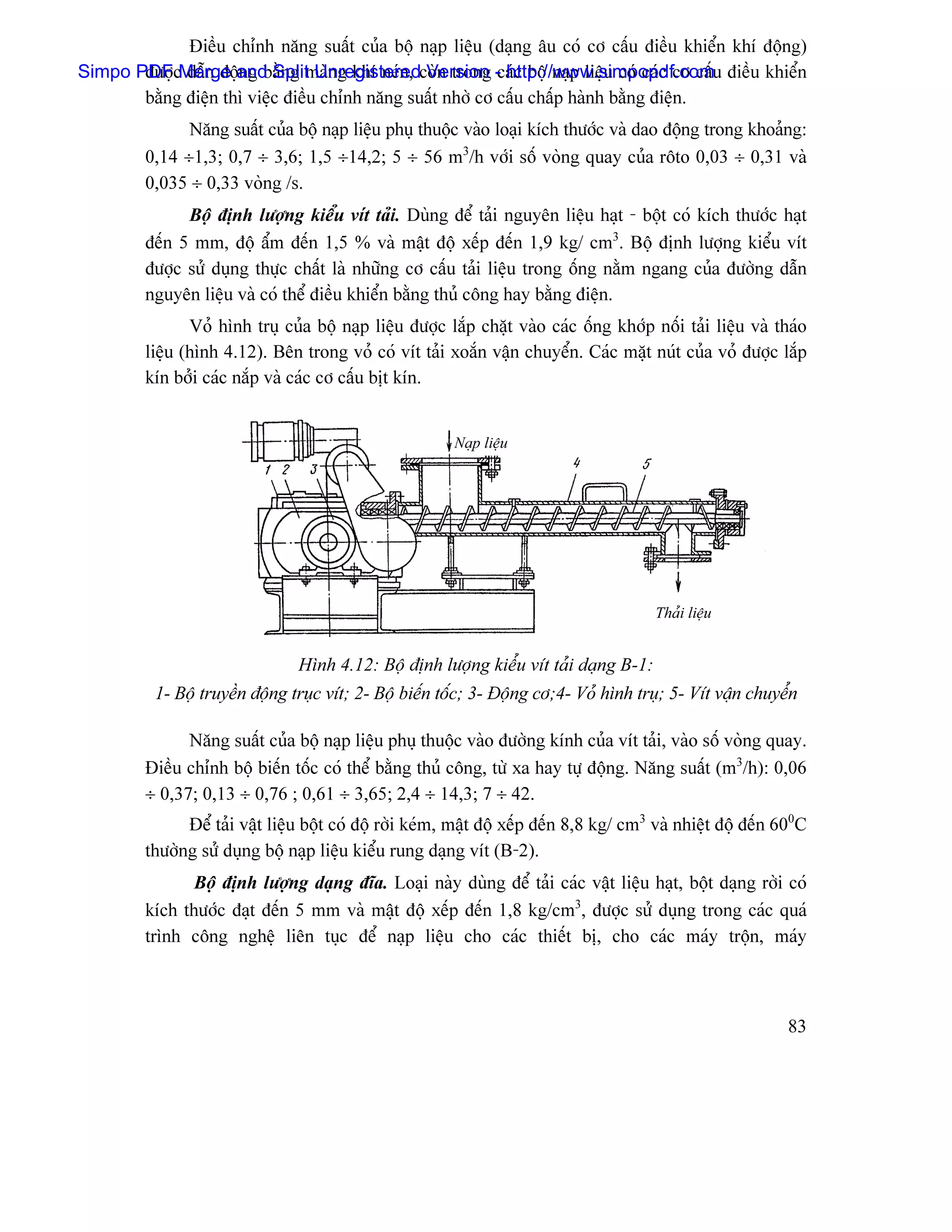 Âiãöu chènh nàng suáút cuía bäü naûp liãûu (daûng áu coï cå cáúu âiãöu khiãøn khê âäüng)
Simpo PDFcMerge and Split Unregisteredcoìn trong - http://www.simpopdf.comu âiãöu khiãøn
       âæåü dáùn âäüng bàòng maìng khê neïn, Version caïc bäü naûp liãûu coï caïc cå cáú
       bàòng âiãûn thç viãûc âiãöu chènh nàng suáút nhåì cå cáúu cháúp haình bàòng âiãûn.
               Nàng suáút cuía bäü naûp liãûu phuû thuäüc vaìo loaûi kêch thæåïc vaì dao âäüng trong khoaíng:
         0,14 ÷1,3; 0,7 ÷ 3,6; 1,5 ÷14,2; 5 ÷ 56 m3/h våïi säú voìng quay cuía räto 0,03 ÷ 0,31 vaì
         0,035 ÷ 0,33 voìng /s.
               Bäü âënh læåüng kiãøu vêt taíi. Duìng âãø taíi nguyãn liãûu haût - bäüt coï kêch thæåïc haût
         âãún 5 mm, âäü áøm âãún 1,5 % vaì máût âäü xãúp âãún 1,9 kg/ cm3. Bäü âënh læåüng kiãøu vêt
         âæåüc sæí duûng thæûc cháút laì nhæîng cå cáúu taíi liãûu trong äúng nàòm ngang cuía âæåìng dáùn
         nguyãn liãûu vaì coï thãø âiãöu khiãøn bàòng thuí cäng hay bàòng âiãûn.
                Voí hçnh truû cuía bäü naûp liãûu âæåüc làõp chàût vaìo caïc äúng khåïp näúi taíi liãûu vaì thaïo
         liãûu (hçnh 4.12). Bãn trong voí coï vêt taíi xoàõn váûn chuyãøn. Caïc màût nuït cuía voí âæåüc làõp
         kên båíi caïc nàõp vaì caïc cå cáúu bët kên.


                                                          Naûp liãûu




                                                                                         Thaíi liãûu


                                 Hçnh 4.12: Bäü âënh læåüng kiãøu vêt taíi daûng B-1:
          1- Bäü truyãön âäüng truûc vêt; 2- Bäü biãún täúc; 3- Âäüng cå;4- Voí hçnh truû; 5- Vêt váûn chuyãøn

               Nàng suáút cuía bäü naûp liãûu phuû thuäüc vaìo âæåìng kênh cuía vêt taíi, vaìo säú voìng quay.
         Âiãöu chènh bäü biãún täúc coï thãø bàòng thuí cäng, tæì xa hay tæû âäüng. Nàng suáút (m3/h): 0,06
         ÷ 0,37; 0,13 ÷ 0,76 ; 0,61 ÷ 3,65; 2,4 ÷ 14,3; 7 ÷ 42.
               Âãø taíi váût liãûu bäüt coï âäü råìi keïm, máût âäü xãúp âãún 8,8 kg/ cm3 vaì nhiãût âäü âãún 600C
         thæåìng sæí duûng bäü naûp liãûu kiãøu rung daûng vêt (B-2).
                Bäü âënh læåüng daûng âéa. Loaûi naìy duìng âãø taíi caïc váût liãûu haût, bäüt daûng råìi coï
         kêch thæåïc âaût âãún 5 mm vaì máût âäü xãúp âãún 1,8 kg/cm3, âæåüc sæí duûng trong caïc quaï
         trçnh cäng nghãû liãn tuûc âãø naûp liãûu cho caïc thiãút bë, cho caïc maïy träün, maïy



                                                                                                               83
 