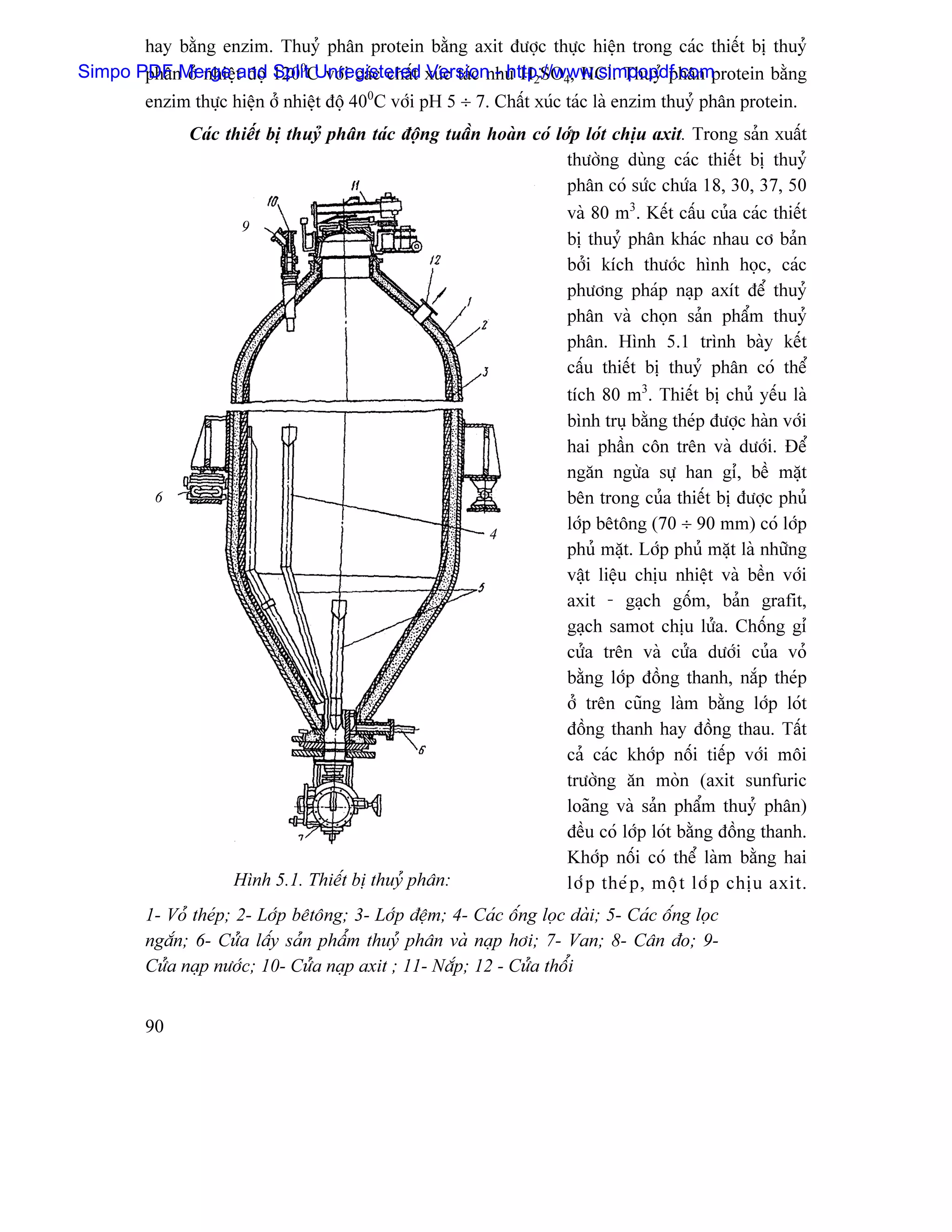 hay bàòng enzim. Thuyí phán protein bàòng axit âæåüc thæûc hiãûn trong caïc thiãút bë thuyí
Simpo PDF Merge t âäü 1200C våïi caïc cháút xuïc taïc nhæ H2SO4, HCl. Thuyí phán protein bàòng
       phán åí nhiãû and Split Unregistered Version - http://www.simpopdf.com
       enzim thæûc hiãûn åí nhiãût âäü 400C våïi pH 5 ÷ 7. Cháút xuïc taïc laì enzim thuyí phán protein.
               Caïc thiãút bë thuyí phán taïc âäüng tuáön hoaìn coï låïp loït chëu axit. Trong saín xuáút
                                                                      thæåìng duìng caïc thiãút bë thuyí
                                                                      phán coï sæïc chæïa 18, 30, 37, 50
                                                                      vaì 80 m3. Kãút cáúu cuía caïc thiãút
                      9
                                                                      bë thuyí phán khaïc nhau cå baín
                                                                      båíi kêch thæåïc hçnh hoüc, caïc
                                                                      phæång phaïp naûp axêt âãø thuyí
                                                                      phán vaì choün saín pháøm thuyí
                                                                      phán. Hçnh 5.1 trçnh baìy kãút
                                                                      cáúu thiãút bë thuyí phán coï thãø
                                                                      têch 80 m3. Thiãút bë chuí yãúu laì
                                                                      bçnh truû bàòng theïp âæåüc haìn våïi
                                                                      hai pháön cän trãn vaì dæåïi. Âãø
                                                                      ngàn ngæìa sæû han gè, bãö màût
          6                                                           bãn trong cuía thiãút bë âæåüc phuí
                                                                      låïp bãtäng (70 ÷ 90 mm) coï låïp
                                                          4
                                                                      phuí màût. Låïp phuí màût laì nhæîng
                                                                      váût liãûu chëu nhiãût vaì bãön våïi
                                                                      axit - gaûch gäúm, baín grafit,
                                                                      gaûch samot chëu læía. Chäúng gè
                                                                      cæía trãn vaì cæía dæåïi cuía voí
                                                                      bàòng låïp âäöng thanh, nàõp theïp
                                                                      åí trãn cuîng laìm bàòng låïp loït
                                                                      âäöng thanh hay âäöng thau. Táút
                                                                      caí caïc khåïp näúi tiãúp våïi mäi
                                                                      træåìng àn moìn (axit sunfuric
                                                                      loaîng vaì saín pháøm thuyí phán)
                                                                      âãöu coï låïp loït bàòng âäöng thanh.
                                                                      Khåïp näúi coï thãø laìm bàòng hai
                     Hçnh 5.1. Thiãút bë thuyí phán:                  låï p theï p , mäü t låï p chëu axit.
         1- Voí theïp; 2- Låïp bãtäng; 3- Låïp âãûm; 4- Caïc äúng loüc daìi; 5- Caïc äúng loüc
         ngàõn; 6- Cæía láúy saín pháøm thuyí phán vaì naûp håi; 7- Van; 8- Cán âo; 9-
         Cæía naûp næåïc; 10- Cæía naûp axit ; 11- Nàõp; 12 - Cæía thäøi


         90
 