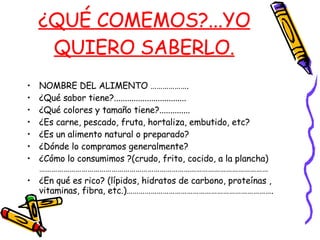 ¿QUÉ COMEMOS?...YO QUIERO SABERLO. NOMBRE DEL ALIMENTO ………………. ¿Qué sabor tiene?................................. ¿Qué colores y tamaño tiene?.............. ¿Es carne, pescado, fruta, hortaliza, embutido, etc? ¿Es un alimento natural o preparado? ¿Dónde lo compramos generalmente? ¿Cómo lo consumimos ?(crudo, frito, cocido, a la plancha) …………………………………………………………………………………………………… ¿En qué es rico? (lípidos, hidratos de carbono, proteínas , vitaminas, fibra, etc.)………………………………………………………………. 