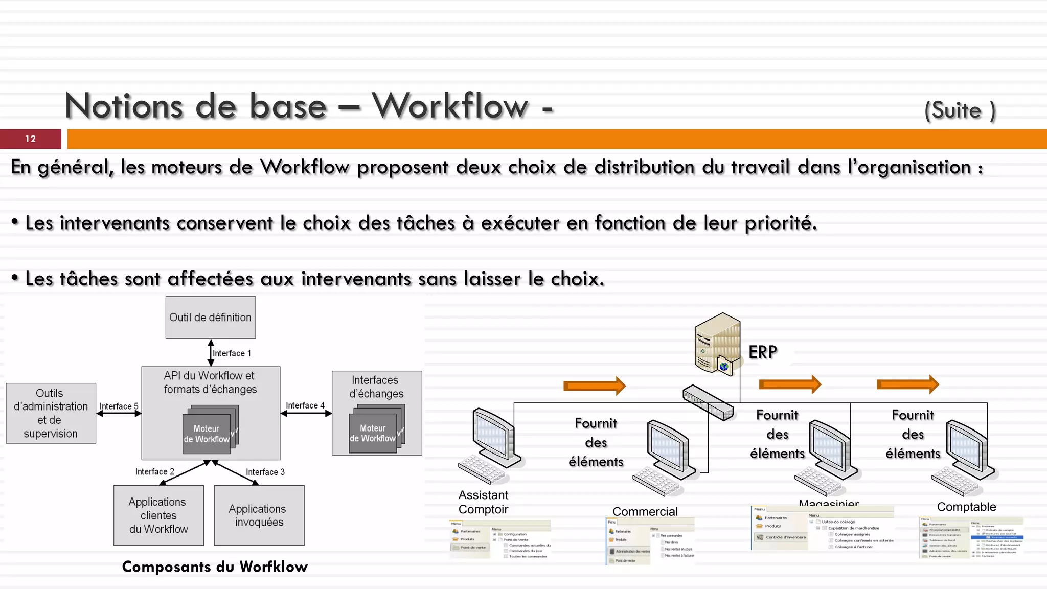 Notions de base – Workflow -

(Suite )

12

En général, les moteurs de Workflow proposent deux choix de distribution du travail dans l’organisation :
• Les intervenants conservent le choix des tâches à exécuter en fonction de leur priorité.
• Les tâches sont affectées aux intervenants sans laisser le choix.
ERP
PGI
Fournit
des
éléments
Assistant
Comptoir

Composants du Worfklow

Commercial

Fournit
des
éléments
Magasinier

Fournit
des
éléments

Comptable

 