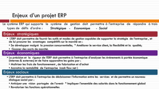 Enjeux d’un projet ERP
Le système ERP qui supporte le système de gestion doit permettre à l’entreprise de répondre à trois
types de défis d’ordre :
Stratégique - Economique
- Social

Enjeux stratégiques
• L’ERP doit permettre de fournir les outils et modes de gestion capables de supporter la stratégie de l’entreprise , et
de lui procurer les avantages compétitifs sur le marché en :
• Se développer malgré la pression concurrentielle; * Améliorer le service client, la flexibilité et la qualité;
• Gagner des parts de marché.
•
Enjeux économiques
• La précision et la rigueur de l’ERP doit permettre à l’entreprise d’analyser les évènements à portée économique
(internes & externes) et de faire apparaître les gains par :
• Maîtriser les frais de fonctionnement , de fabrication et d’achat
• Accroitre la rentabilité de l’entreprise (cash flow net )

Enjeux sociaux
• L’ERP doit permettre à l’entreprise de décloisonner l’information entre les services et de permettre un nouveau
dialogue social par :
• Anticiper une vision partagée de l’avenir * Impliquer l’ensemble des salariés dans le fonctionnement global
• Revaloriser les fonctions opérationnelles

 