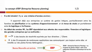 Le concept d’ERP (Entreprise Resource planning)


1/2

Il a été introduit il y a une vintaine d’années environ :
Il apportait déjà aux entreprises un système de gestion intégrer, particulièrement entre les
fonctions de planification et les systèmes d’approvisionnement et de tenue de stocks et partiellement
entre la logistique et la finance .



Au début des années 90 , les ERP répondaient aux attentes des responsables financiers et logistiques
des grandes entreprises qui se confrontés :




--> à des besoins de réactivité exprimés par leur directions

/ Clients

 à des SI composés de nombreuses applications nee communiquant pas toujours entre elles et
installés sur des plates-formes hétérogènes .

ERP

ERP – Entreprise Resource Planning – ou
Progiciel de gestion intégré doté d’une
intégration financière automatique de tous les
flux.

 