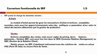 Couverture Fonctionnelle du ERP


1/3

ERP prend en charge les domaines suivants :


Achats

Le module d'achat permet de gerer les transactions d'achat et écritures comptables
associées, mais aussi les approvisionnements selon des politiques a paramétrer et/ou selon le
calcul des besoins détermines par la gestion de production.


Ventes

Ecritures comptables des ventes, mais aussi: regles de pricing, devis, factures,
paiements... Certains ERP, vont aussi tres loin dans le CRM (Customer Relation Management) ou
GRC (Gestion de la Relation Client).
Parfois encore, les ERP s'interfacent nativement avec des solutions de ventes en caisse
POS (Point Of Sale) ou encore Point de Vente .

6

 