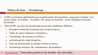 Notions de base - Paramétrage 



Un ERP se caractérise généralement par un grand nombre de paramètres , conçus pour s’adapter à un
grand nombre de situations , de métiers , de secteurs et d’activités , et par conséquent les besoins
fonctionnels.

Selon les ERP , les choix de paramétrage peuvent être sensiblement différents :


Paramètres fonctionnels structurants pour la mise en œuvre ;




Paramétrage des processus (workflow) ;



paramétrage des règles de gestion ;



Choix de fonctionnalités ou modules à mettre en œuvre ;





Tables de valeurs logistiques et financières ;

Paramétrage technique des enchaînements de procédures .

Paramétrage : Toute action portant sur des données dans des tables .

 