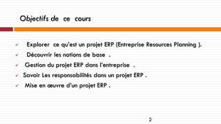 Objectifs de ce cours


Explorer ce qu’est un projet ERP (Entreprise Resources Planning ).



Découvrir les notions de base .





Gestion du projet ERP dans l’entreprise .
Savoir Les responsabilités dans un projet ERP .
Mise en œuvre d’un projet ERP .

2

 