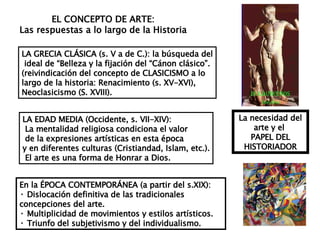 LA GRECIA CLÁSICA (s. V a de C.): la búsqueda del ideal de “Belleza y la fijación del “Cánon clásico”. (reivindicación del concepto de CLASICISMO a lo  largo de la historia: Renacimiento (s. XV-XVI),  Neoclasicismo (S. XVIII). EL CONCEPTO DE ARTE: Las respuestas a lo largo de la Historia LA EDAD MEDIA (Occidente, s. VII-XIV): La mentalidad religiosa condiciona el valor de la expresiones artísticas en esta época  y en diferentes culturas (Cristiandad, Islam, etc.). El arte es una forma de Honrar a Dios. En la ÉPOCA CONTEMPORÁNEA (a partir del s.XIX): Dislocación definitiva de las tradicionales concepciones del arte. Multiplicidad de movimientos y estilos artísticos. Triunfo del subjetivismo y del individualismo. La necesidad del arte y el  PAPEL DEL HISTORIADOR 